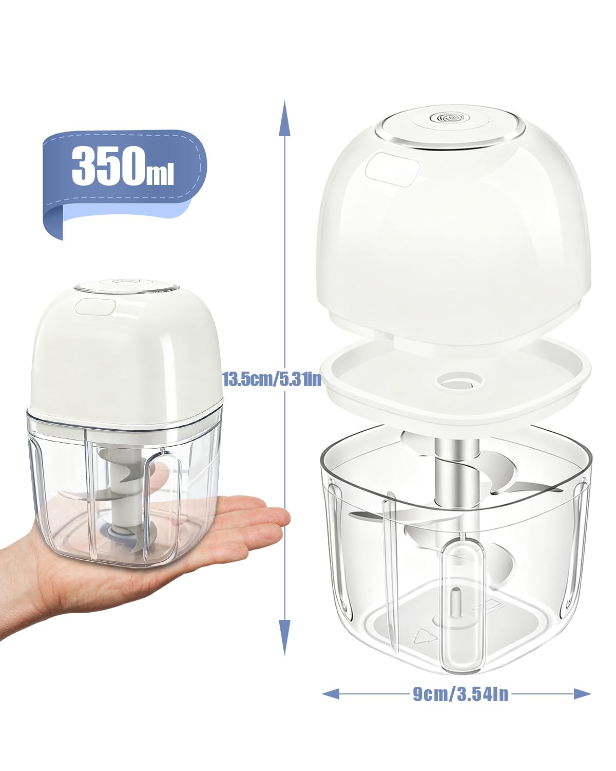 Joyzan Electric Garlic Chopper, 350ML Mini Portable Food Processor Veggie Grinder Small Onion Mincer Cordless Blender Masher USB Rechargeable Cutter 6 Blades Chili Fruit Vegetable Ginger Nuts Spices