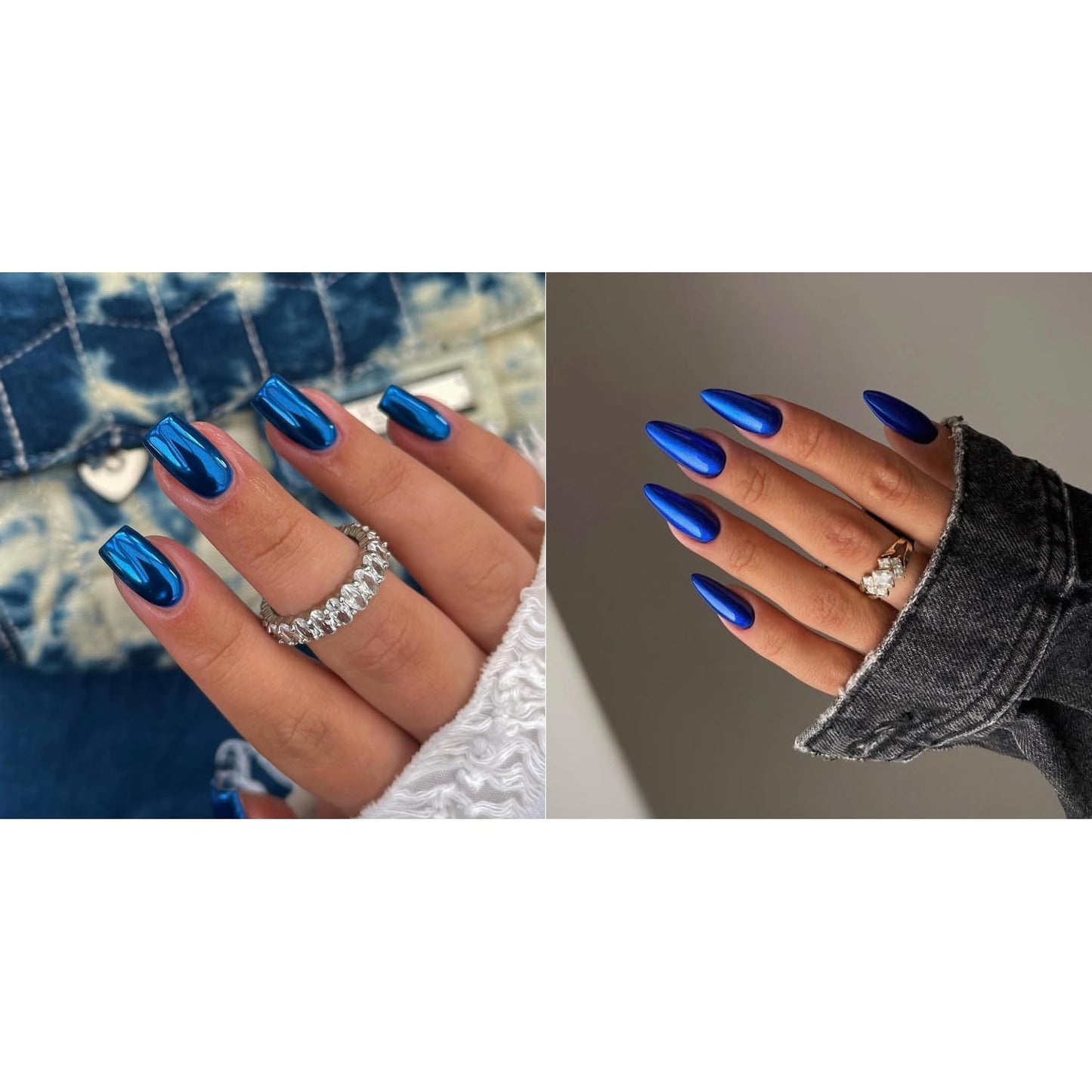 KQueenest Royal Blue Chrome Press on Nails Short Medium Square&Royal Blue Chrome Press on Nails Medium Almond For Beach Party Daily Decoration in 48 PCS