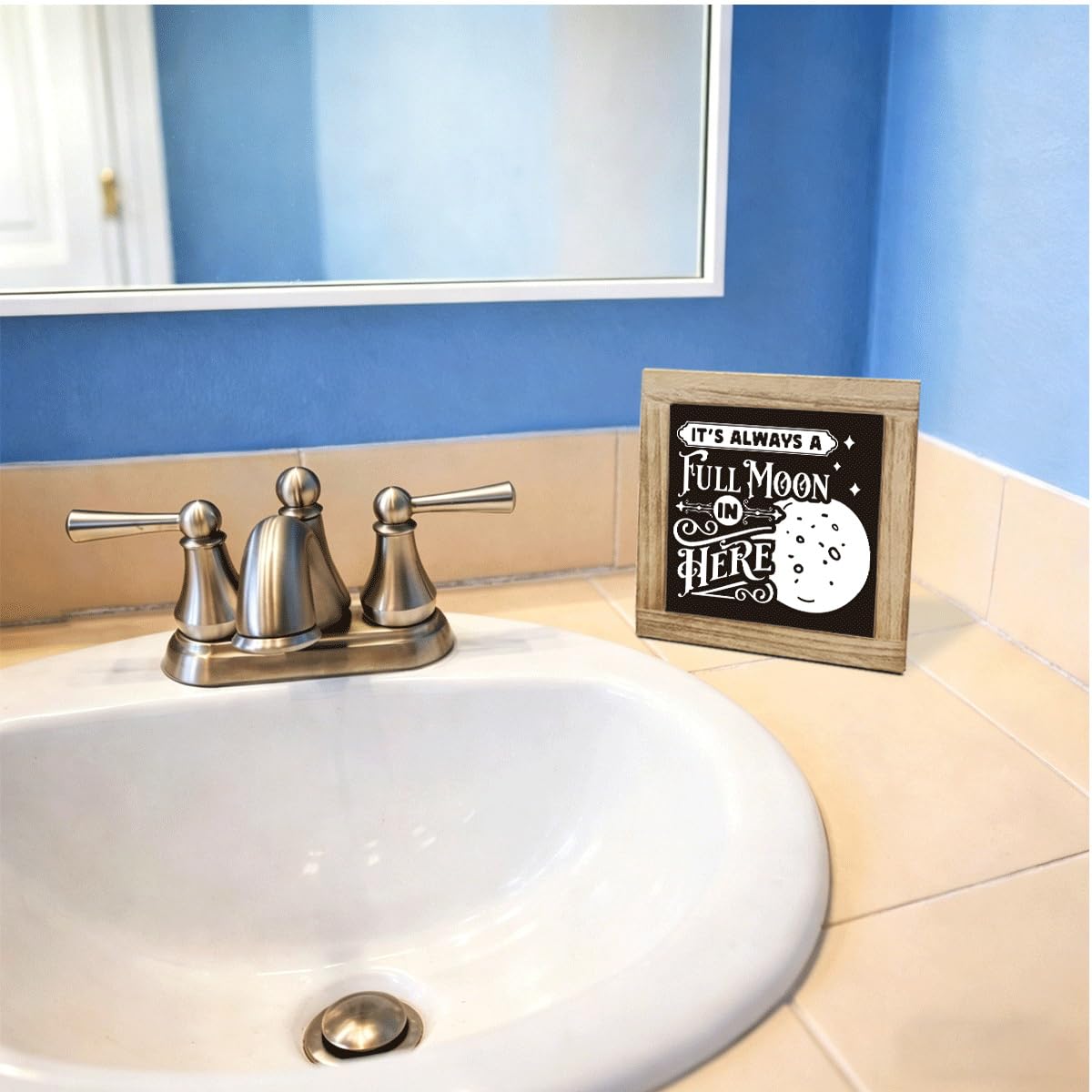 Funny Bathroom Decor Sign It's Always a Full Moon in Here, Desk Decor Rustic Wood Block Plaque Box Sign, Rustic Wood Plaque Signs, Decorative Table Signs 5.9X5.9X0.7 inches