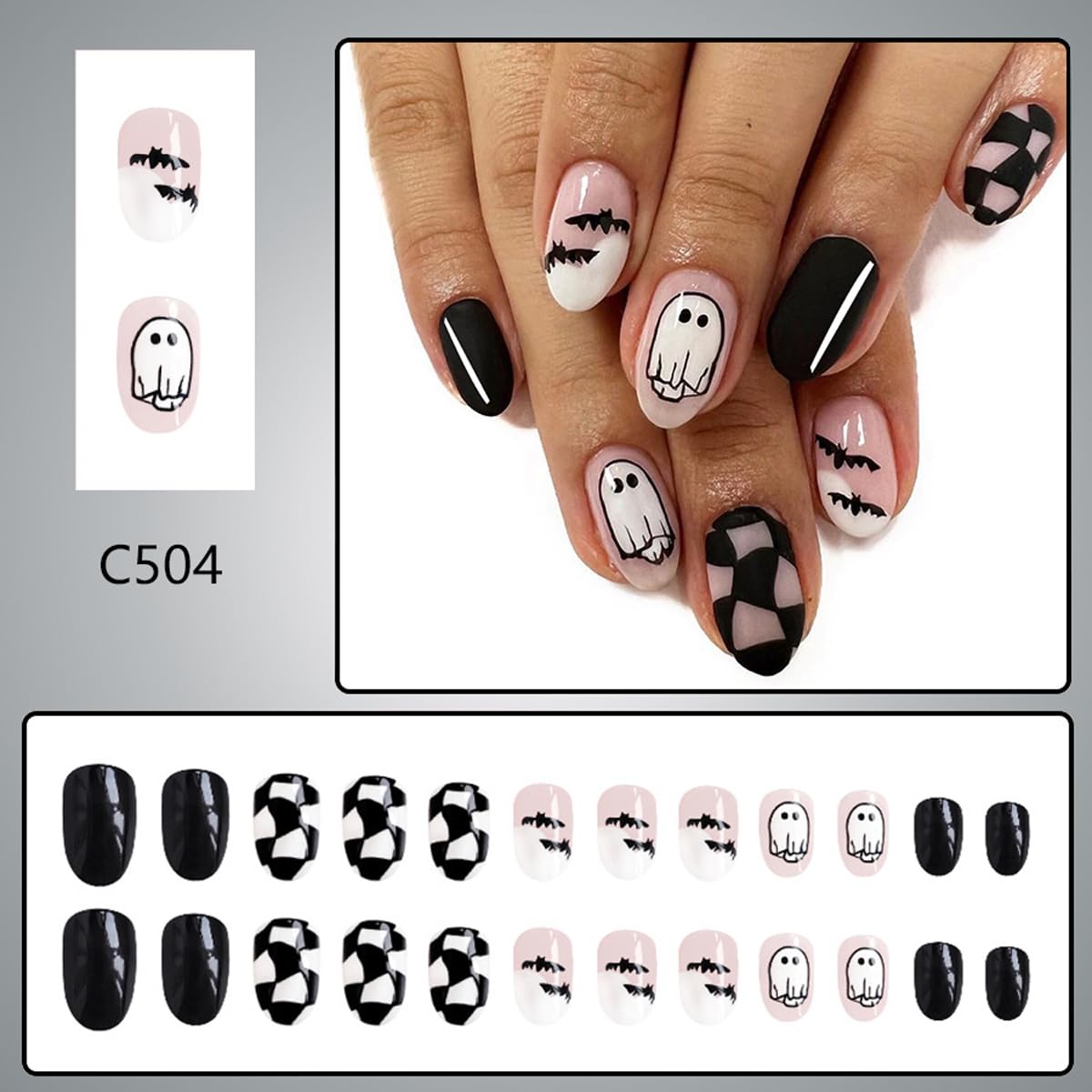 Halloween Press on Nails Short Oval Fake Nails Black White False Nails Press ons with Ghost,Bat Design Reusable Artificial Nail Full Cover Glossy Glue on Nail Stick on Nails for Women Manicure 24 Pcs