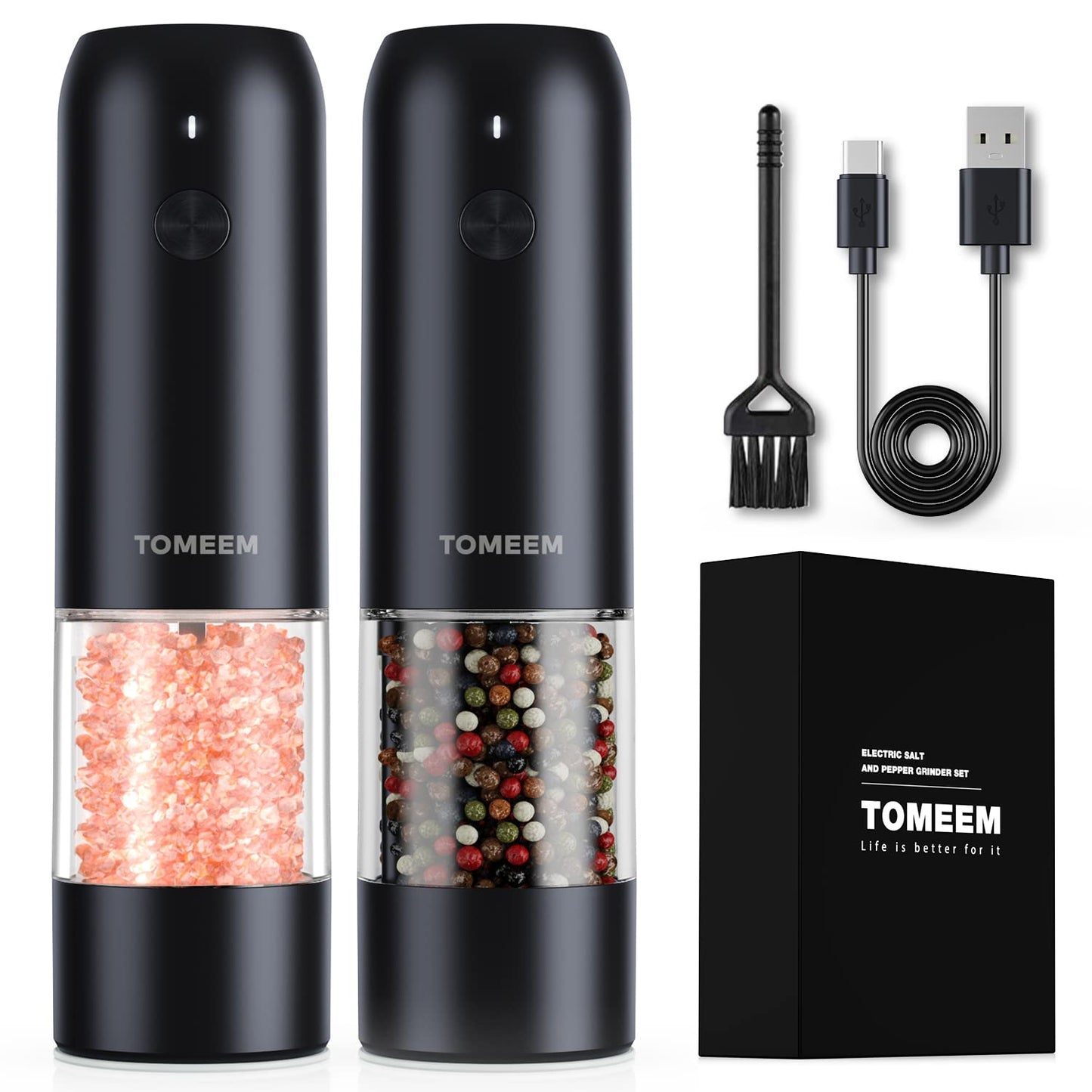 TOMEEM Electric Salt and Pepper Grinder Set with LED Lights，Rechargeable Automatic Pepper and Salt Mill with 6 Adjustable Coarseness, Dust Cover, One-Button Control for Cooking, Home Gifts