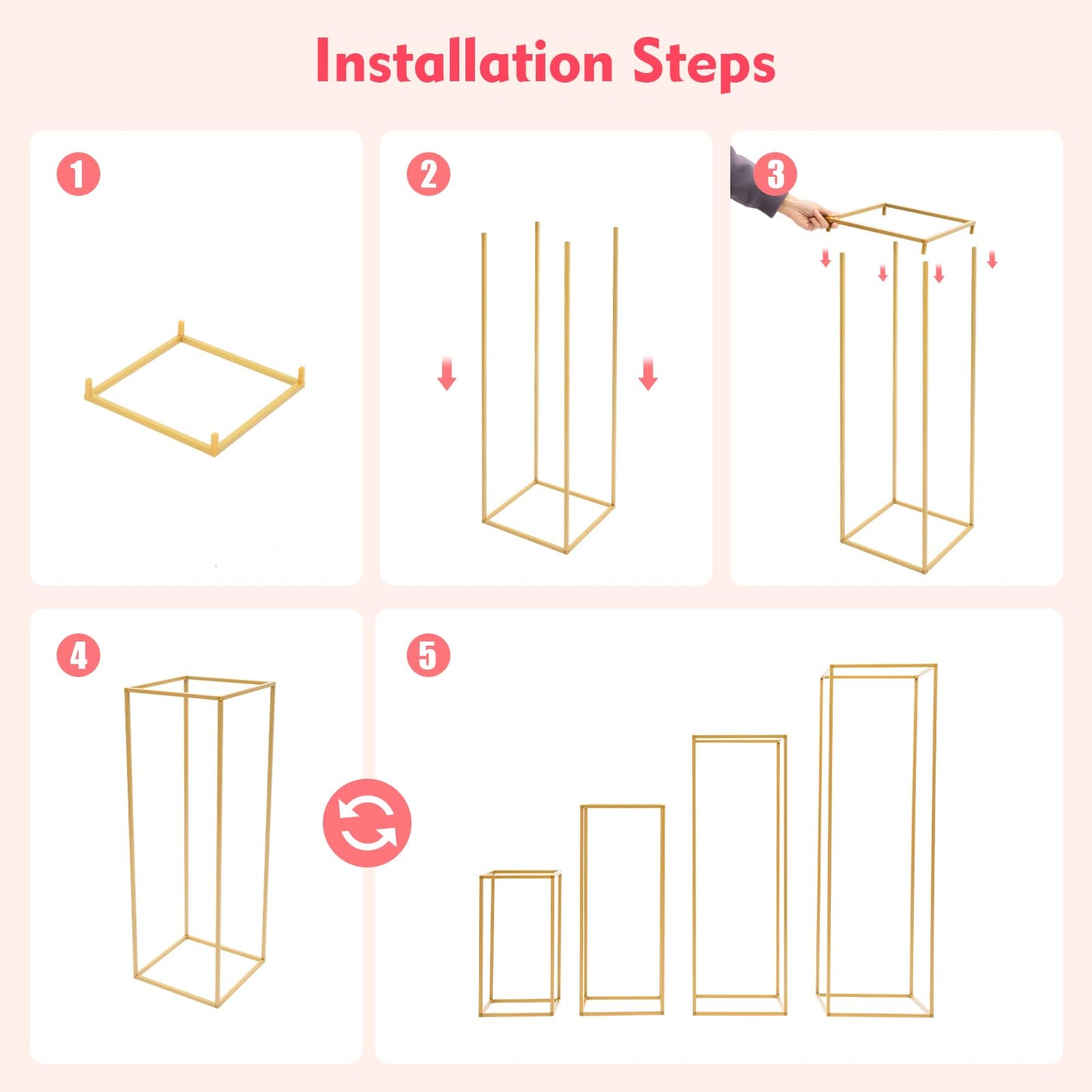 4 Pcs Inweder Column Vases Wedding Centerpieces, Different Sizes Gold Floor Vase, Tall Metal Vase Column, Rectangular Geometric Flower Rack，for Wedding Decorations, Event, Home, Party(16",24",32",40")
