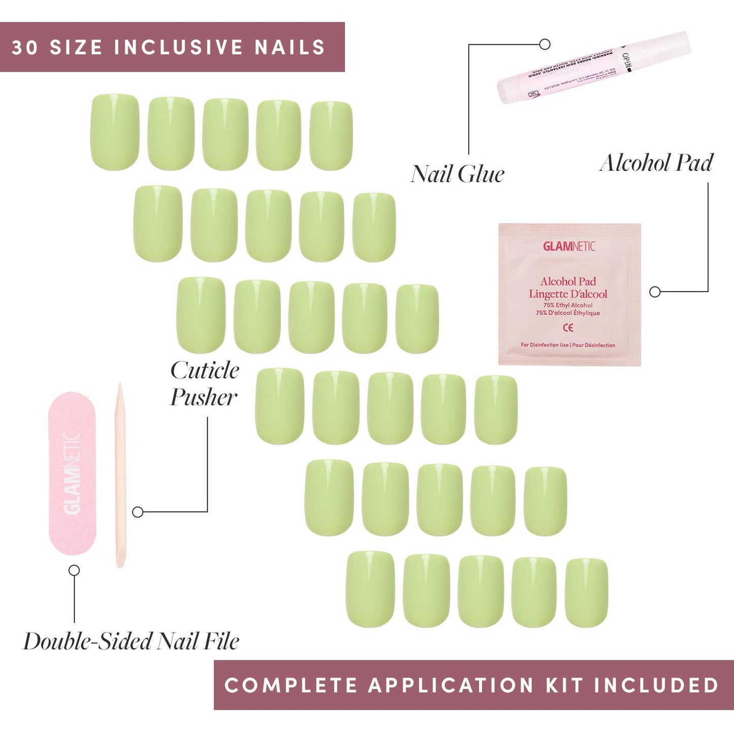 Glamnetic Press On Nails - Light Sage | Short Squoval Green Fake Nails with Glossy Finish, Salon Quality | 15 Sizes - 30 Nail Kit with Glue