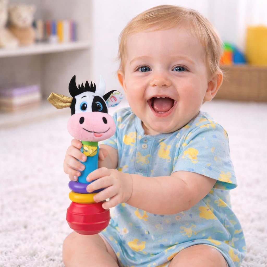 Balibazoo Clara The Cow Plush Baby Rattle & Teething Stick - Newborn Rattle Toy for 0-18 Month Babies | Soft Stuffed Cow with Bell, Easy-Grip Handle | Sensory Developmental Infant Rattle