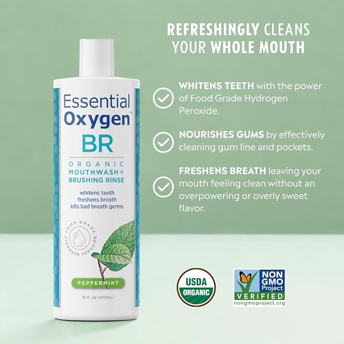 Essential Oxygen, Certified Organic Brushing Rinse, Combo, Peppermint, All Natural mouthwash, Dentist Recommended, Alcohol-Free Oral Care, 1 - 3 fl oz bottle and 1 - 16 fl oz bottle, BR (Pack of 2)