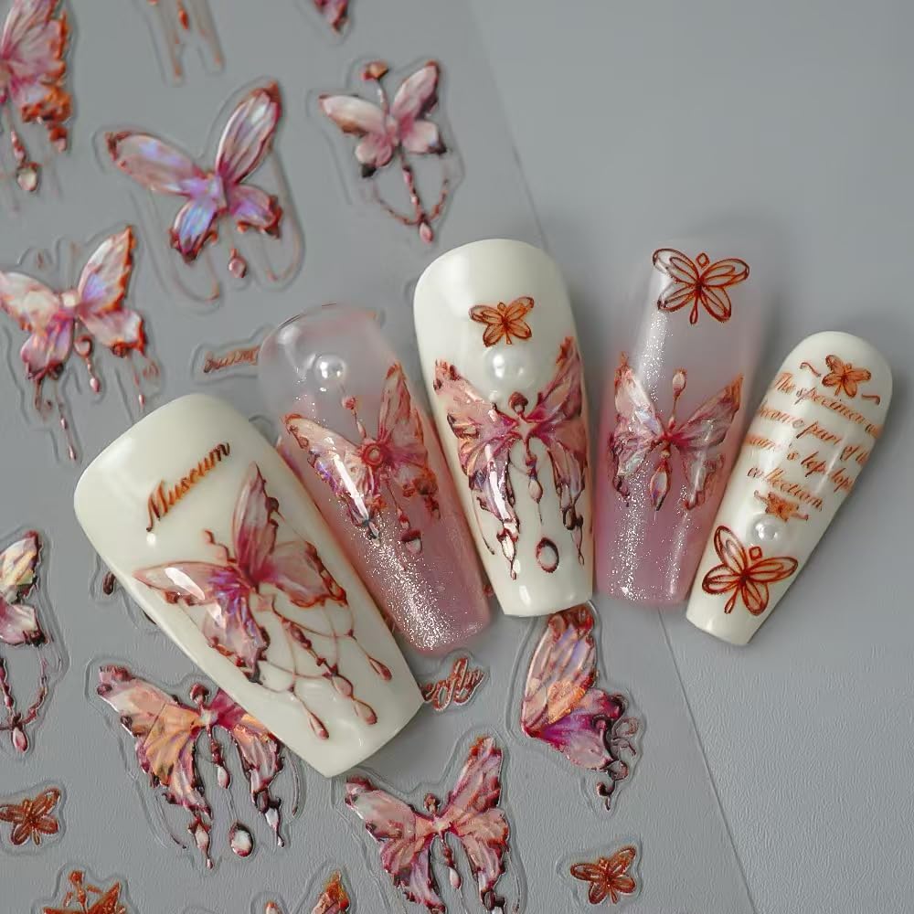 Butterfly Nail Art Stickers Decals Shell Light Butterfly Nail Decals 1PCS 5D Embossed Nail Stickers Bronzing Pink Design Spring Summer Manicure Accessories for Women DIY Nail Art Decorations