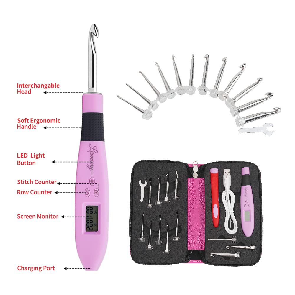Counting Crochet Hook Set Digital Ergonomic Crochet Hook-LED and 2 Levels Brightness Dimmable Light Up Crochet Hooks& Digital Stitch Counter,Beginner Knitting Kit with 12 Interchangeable Crochet Hooks