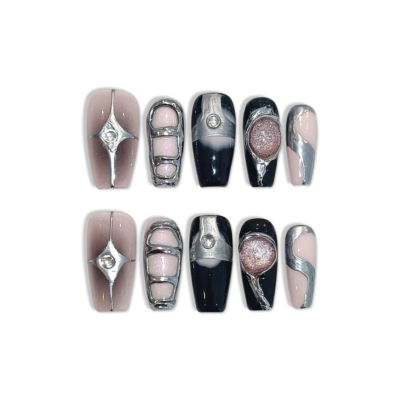 TENPAL Press On Nails Coffin,Sweet Edgy Crystal Cat Eye Nails with Pink/Black Galaxy Design,Hand-Painted Metallic Lines Aurora False Nails, Holographic Y2K Embossed Fake Nails 10pcs with Tools(XS)