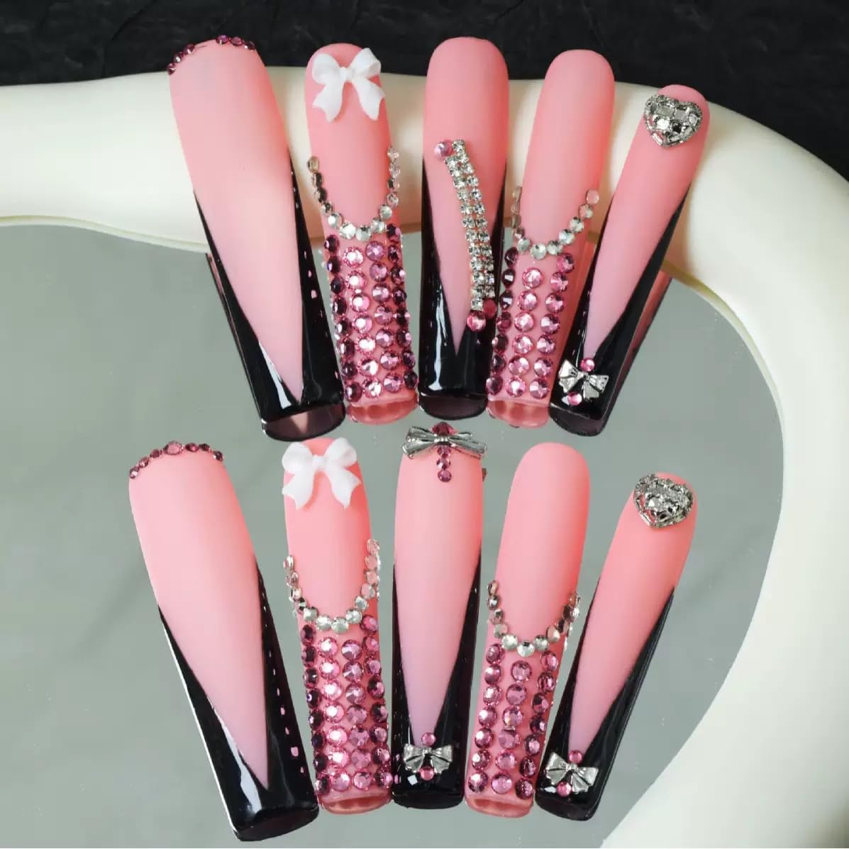 Haozerart Extra Press On Nails Handmade XXL Long Square Press ons Black V French Tip with Bow & Luxury Rhinestones, 10 Pcs M Size Nail Kit for Women