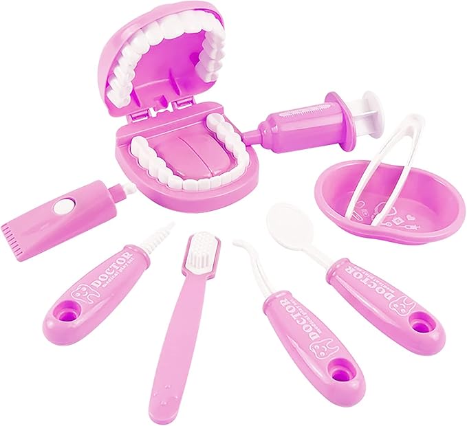 Dental Early Education Brushing Toys, 9Pcs/Set Children Role Play Toys Crocodile Early Education Cartoon Tooth Brushing Model Preschool Education Toy Dentist Game for Kids Classroom Pink