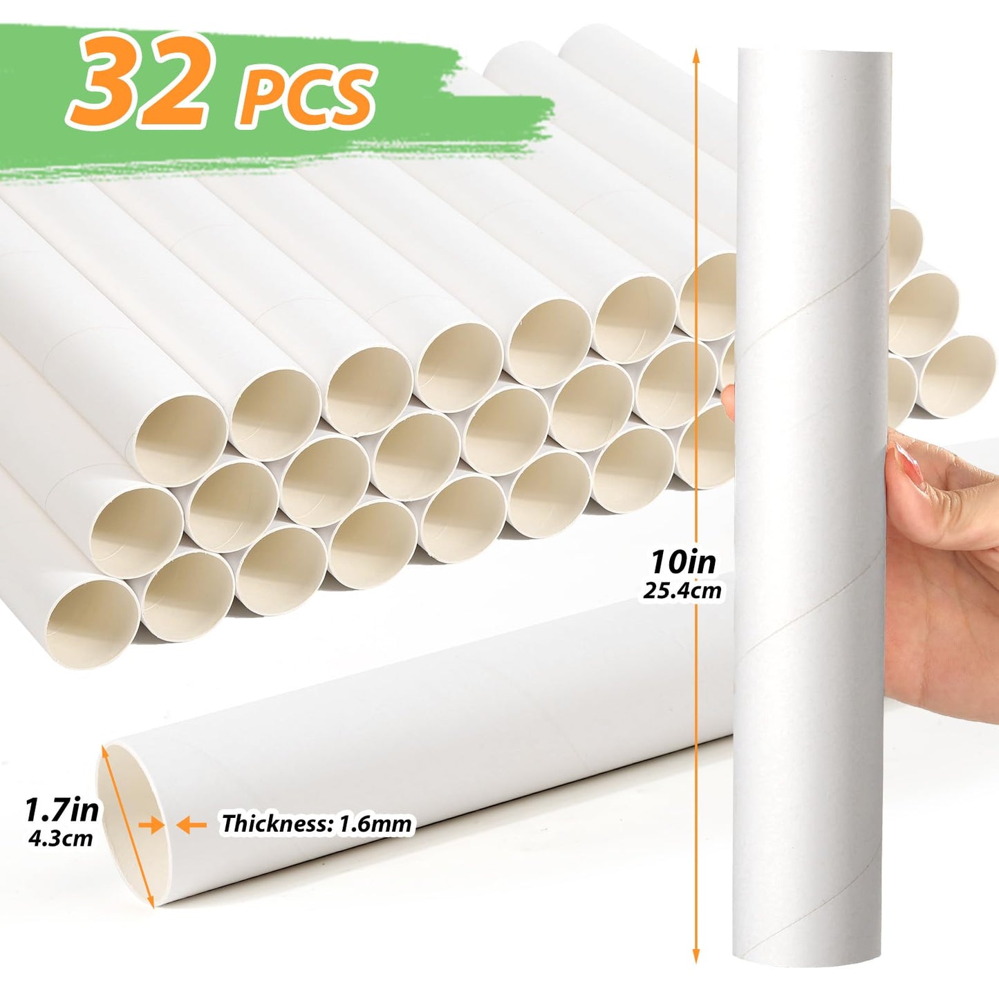 MAPVOLUT 32 Pack Cardboard Tubes for Craft - White Rolling Paper - 1.7 x 10 Inches, Empty Toilet Paper Rolls for Crafts Tubes Craft Supplies, Premium Kraft Paper Strong And Pressure-Resistant