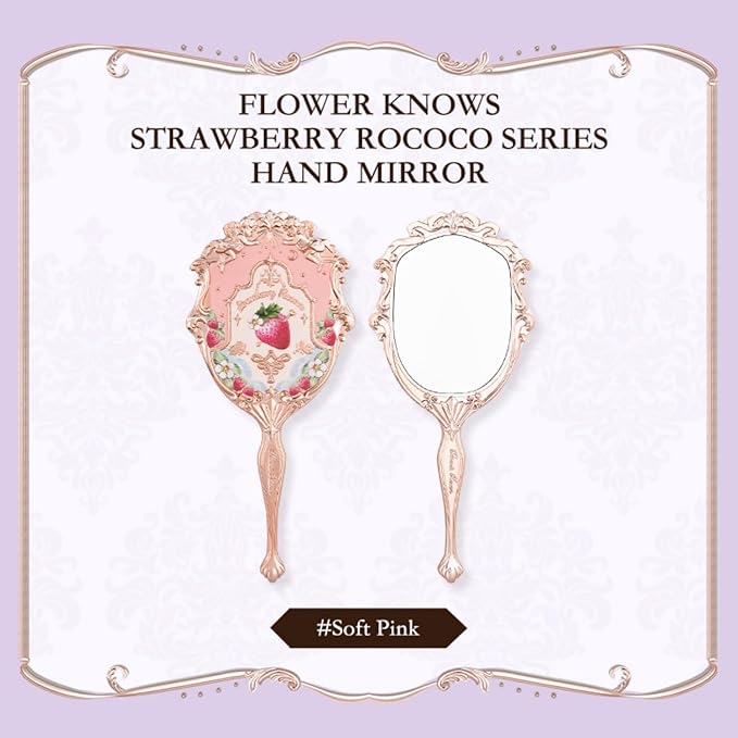 Flower Knows Strawberry Rococo Hand Mirror,Vintage Portable Handheld Mirror,Fancy & Pretty Princess Mirror with Long Handle,Gift for Girls(Soft Pink)