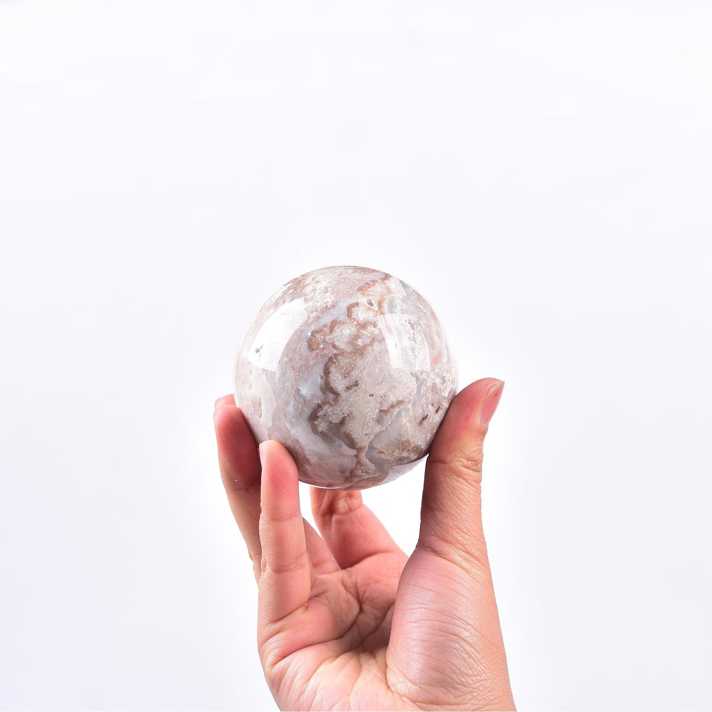 JIC Gem Natural Pink Agate Crystal Sphere with Wooden Stand,Decorative Crystal Ball Pink Gemstone Sphere for Meditation,Feng Shui,Witch-Style Decor,Table 70-80mm