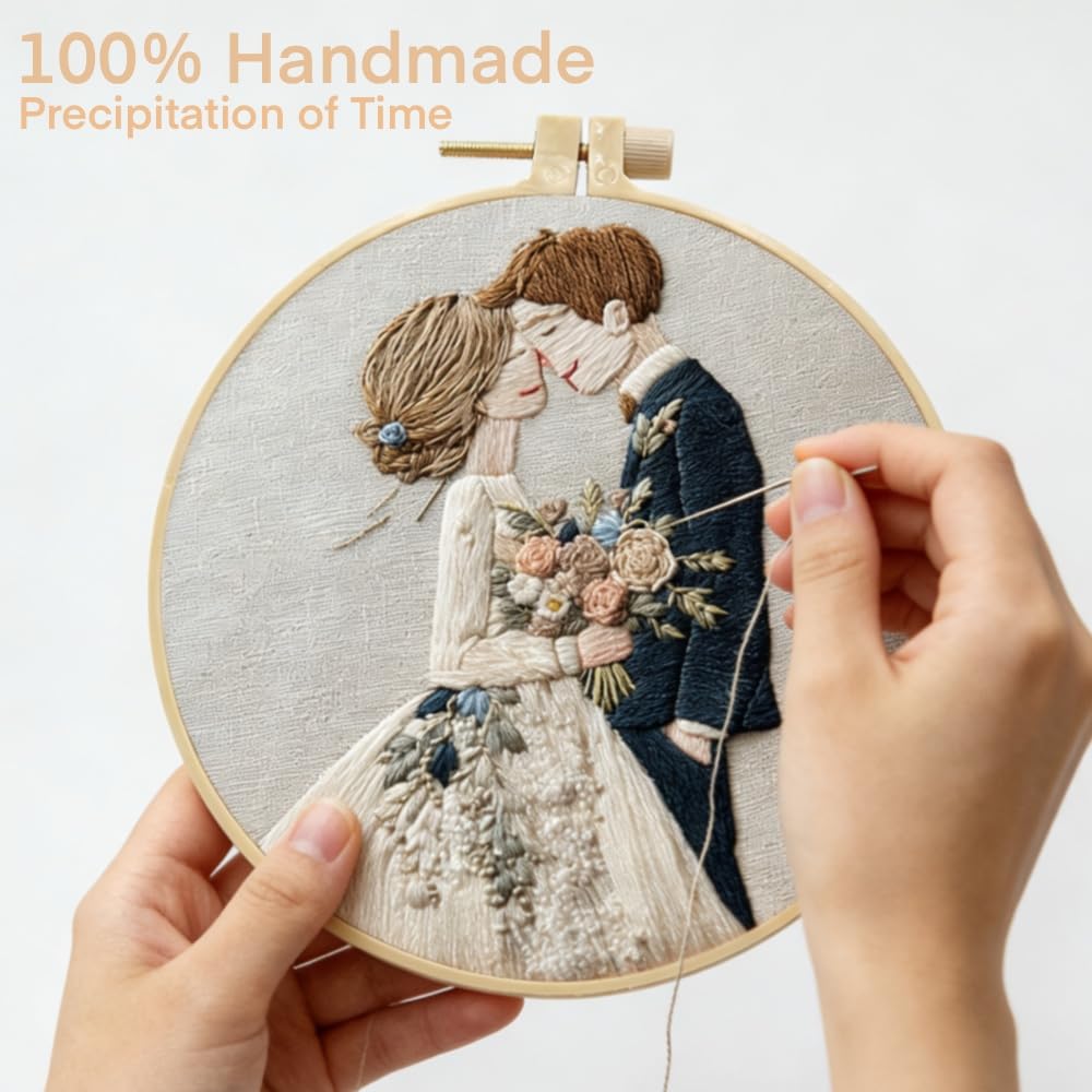 HCANPER Sweet Couple Embroidery Starter Kit, Valentine's Day Gifts，DIY Needle Punch Kit, Punch Needle Kits for Beginners,Include Pre-Printed Fabric,Tools,Embroidery Hoop,Threads. (Four)
