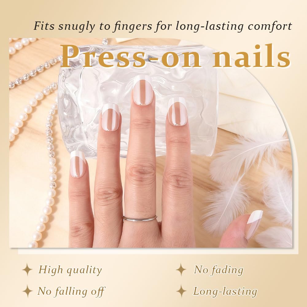 evpct French Tip Press On Nails Short Square, Nude Brown + White Tips, Chrome Glazed Glossy Short Square Fake False Press on Nails, Reusable Gel Stick on nail Press ons with Nail Kit, Salon Quality