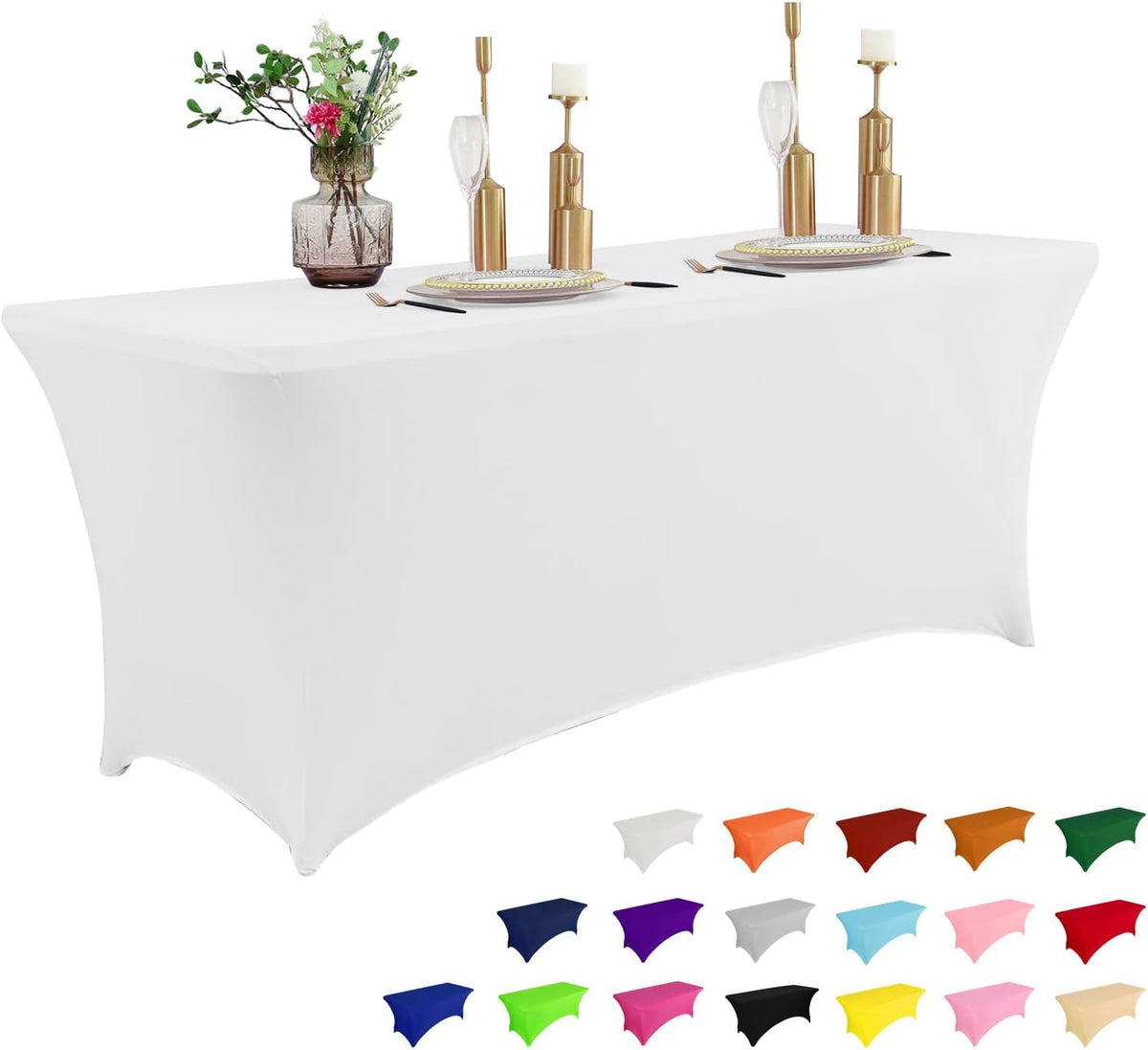 IVAPUPU 8FT Table Cloth for Rectangular Fitted Events Stretch White Table Covers Washable Spandex Spring Tablecloth Protector for Party, Wedding, Cocktail, Banquet, Festival