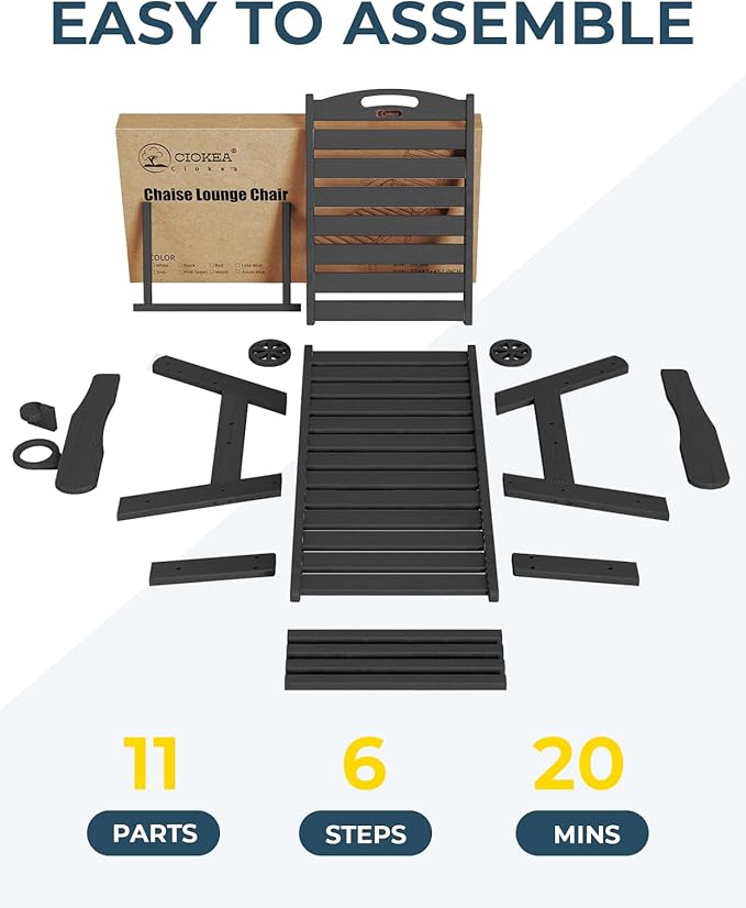 Ciokea Lounge Chair Outdoor, Oversized Chaise Lounge Chair with 5 Positions, HDPE, Patio Lounge Chair with Wheels & Cup Holder for Pool, Deck, Poolside, Black