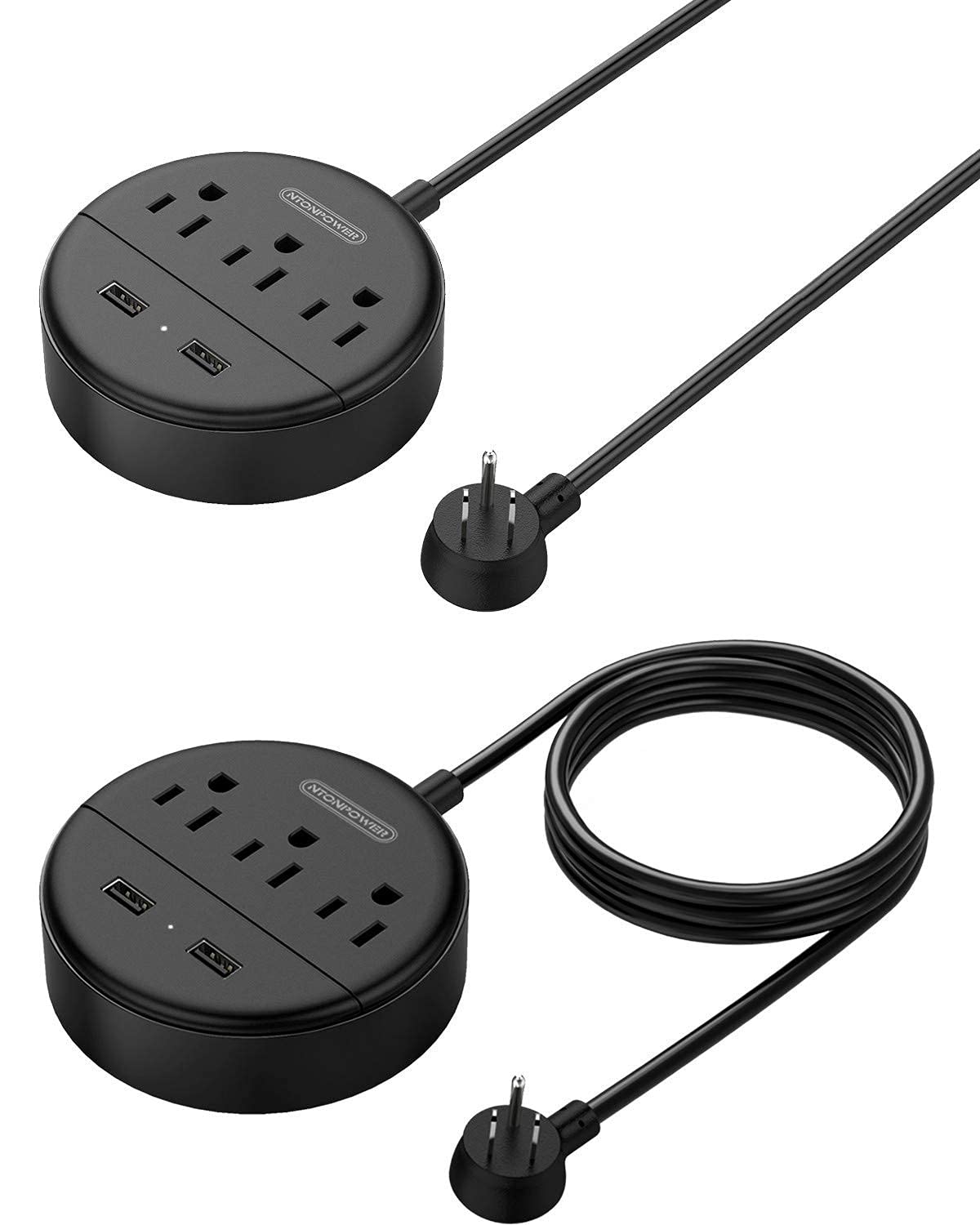 NTONPOWER Flat Plug Power Strip Bundle, 3 Outlets 2 USB Compact Power Strip with 5ft Cord and 10 ft Long Extension Cord, Right Angle Plug, Wall Mount for Office, Home, Nightstand, Dorm Essentials