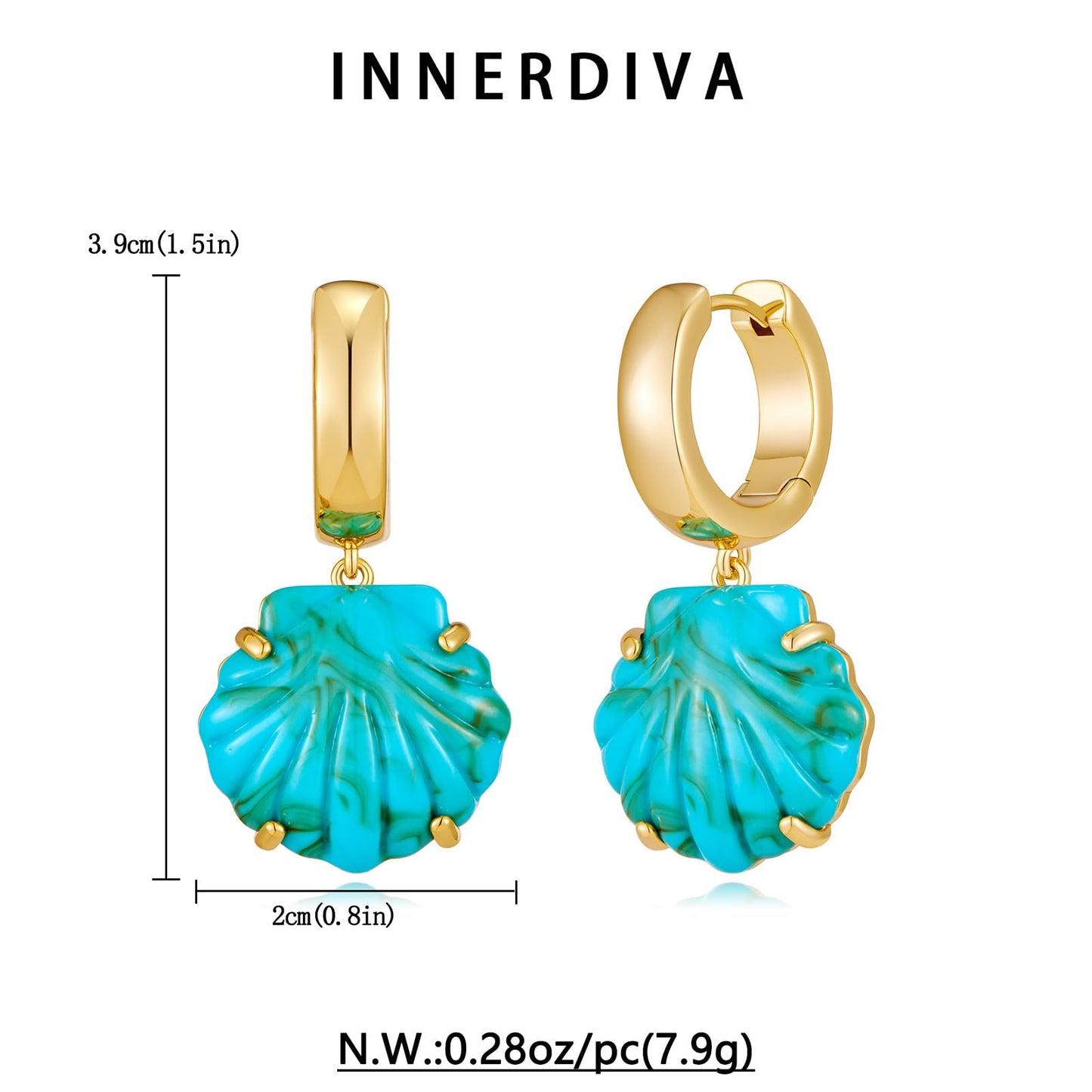 INNERDIVA Blue Seashell Earrings, Gold Plated Copper Ocean Statement Jewelry Summer Beach Seashell Earrings for Women