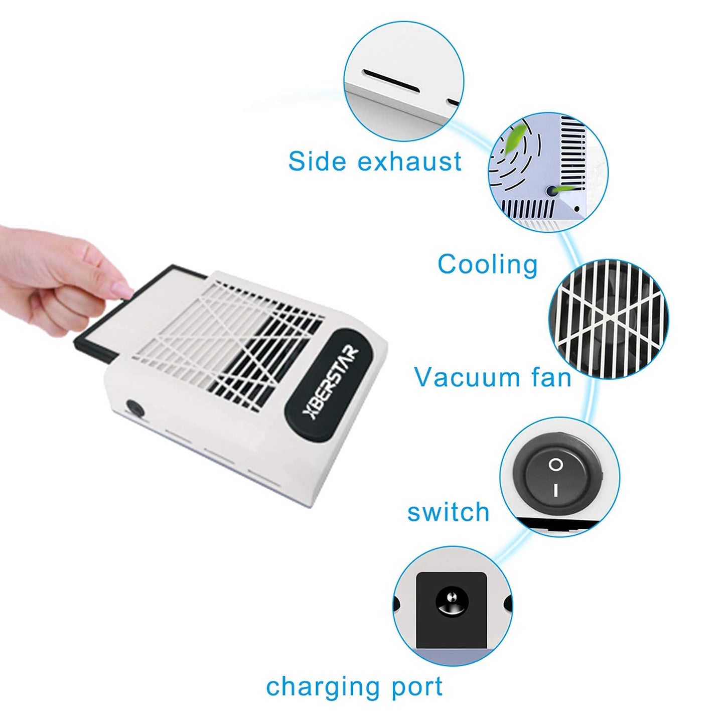 XBERSTAR Nail Dust Collector,80W Electric Powerful Vacuum Cleaner for Acrylic Gel Nails,Manicure recolector de polvo para uñas