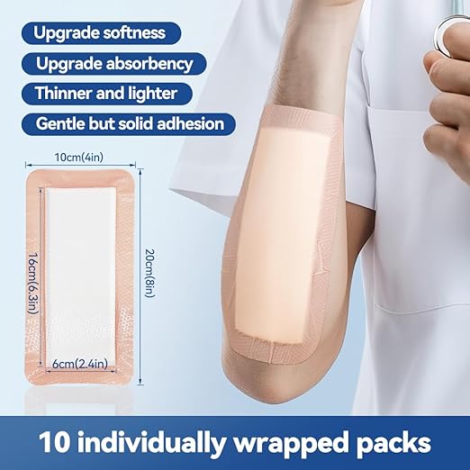 Dimora Silicone Ultra Absorbent Dressing Pads - Adhesive Wound Bandage with Gentle Border, Waterproof Soft Gauze for Post Surgical and Bed Sore Exudate Management 4"X 8" 10 Packs