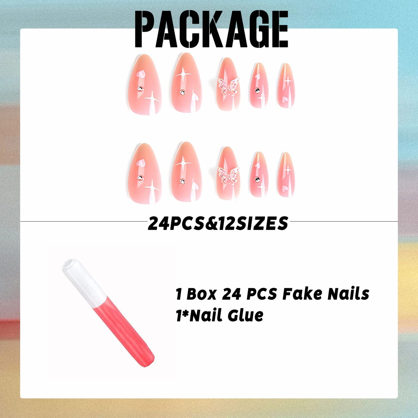 IMSOHOT Almond Press on Nails Pink Medium Fake Nails Stiletto Butterfly Rhinestone False Nails with Designs Glossy Full Cover Acrylic Glue on Nails for Women 24pcs