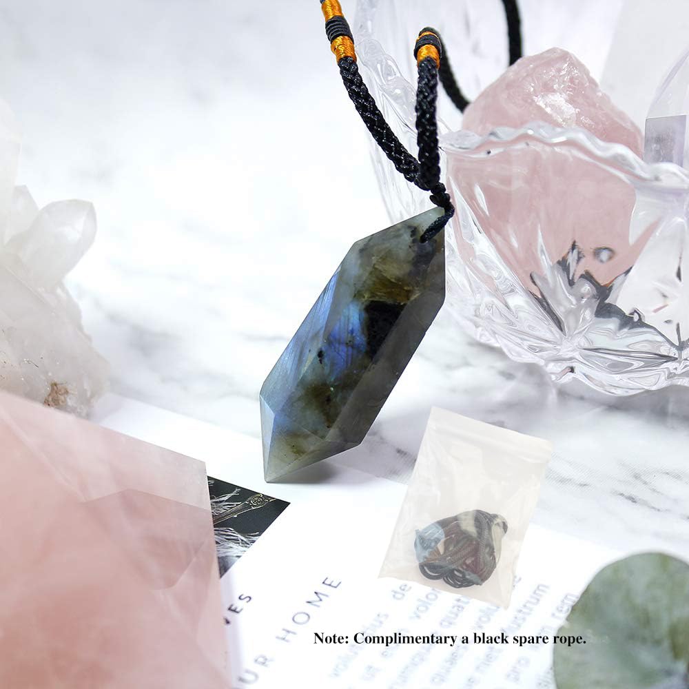 Runyangshi Labradorite Healing Crystal Pendants, Double Pointed Natural Crystal Quartz Necklace 6 Faceted Chakra Crystal Wand Stone