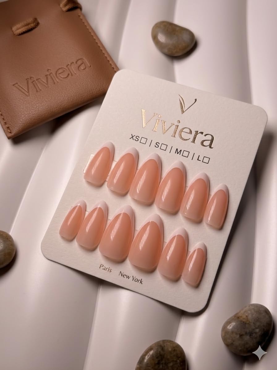 Viviera Press-On Nails, Nude with French Tip, Almond Shape, Handmade, 12 Count, with Manicure Kit