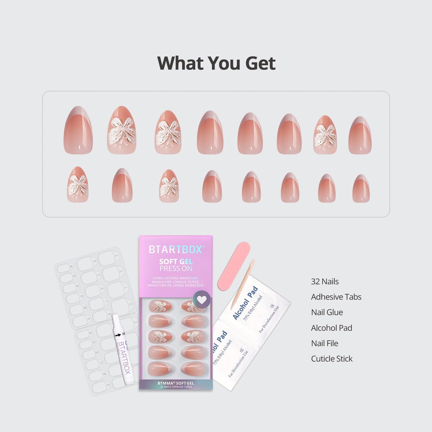 BTArtbox Press On Nails Short - 3D Butterfly French Tip Almond Press On Nails with Glue for Women, Opaque Soft Gel Glue On Nails in 16 Sizes - 32 Stick On Nails Kit, Last Dance