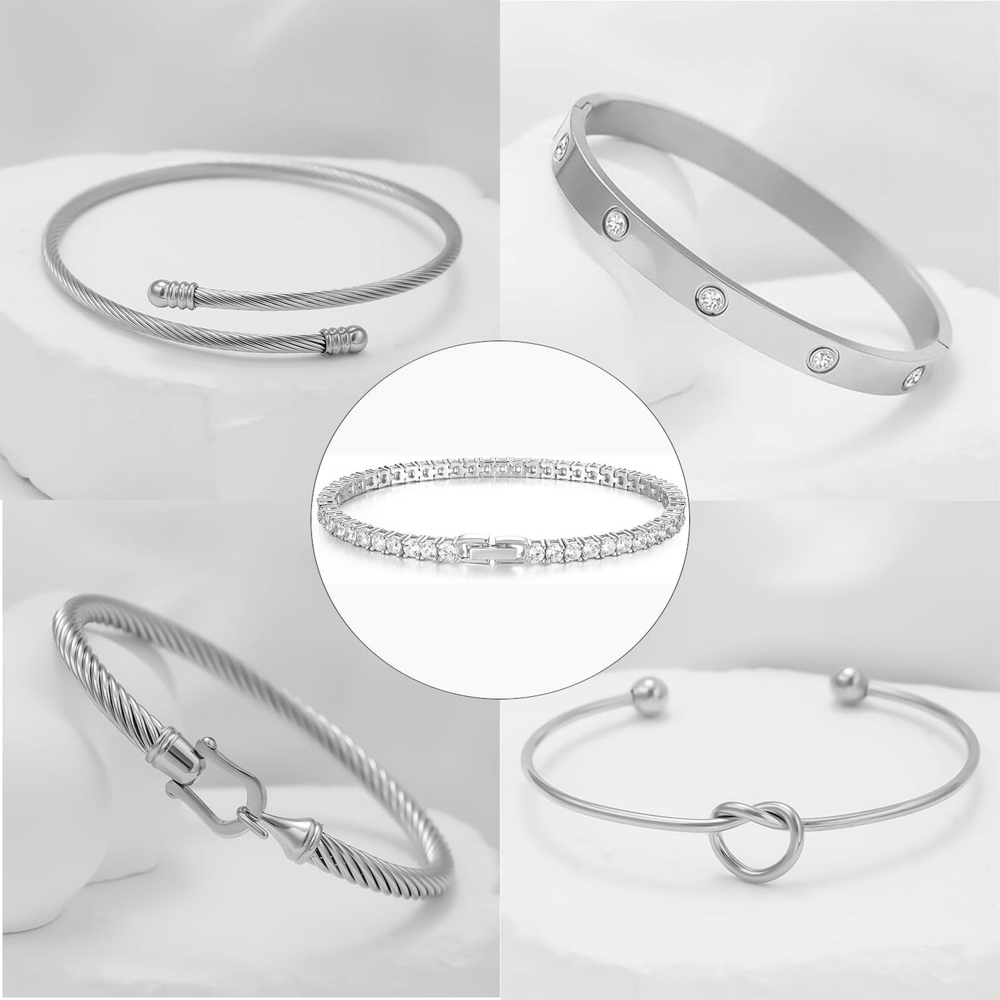 FAFUGA 18 K Silver Plated Love Bangle Bracelet Stack Cuff Jewelry for Women Jewelry Set for Women Gift with Box (style18)