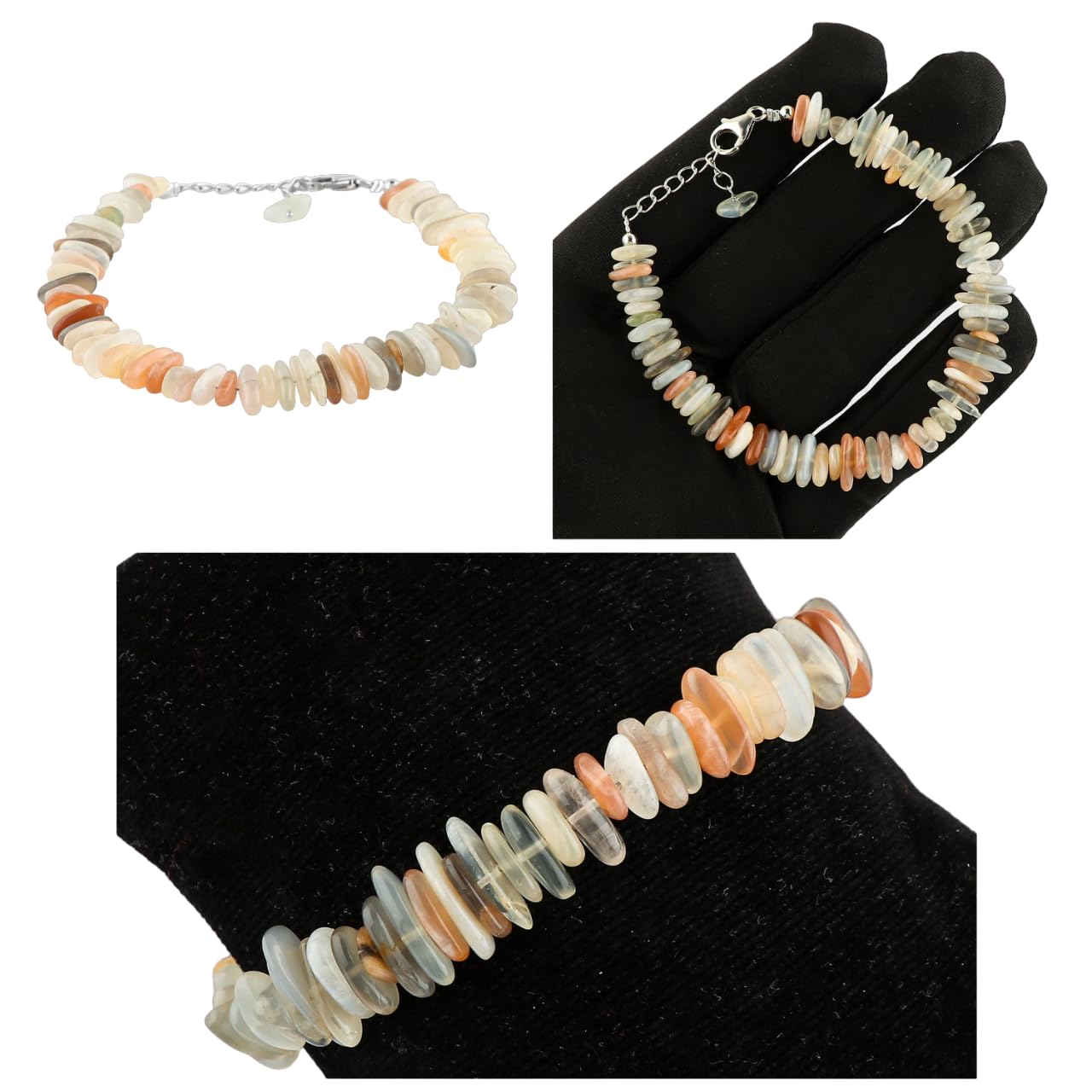 CRYSTALIS Natural Multi Moonstone Plain Submarine Beads Adjustable Gemstones Bracelet, Chakra Healing Stones, Gift Giving Jewelry, 925 Sterling Silver Womens Bracelet 8 inch [June-Birthstone]
