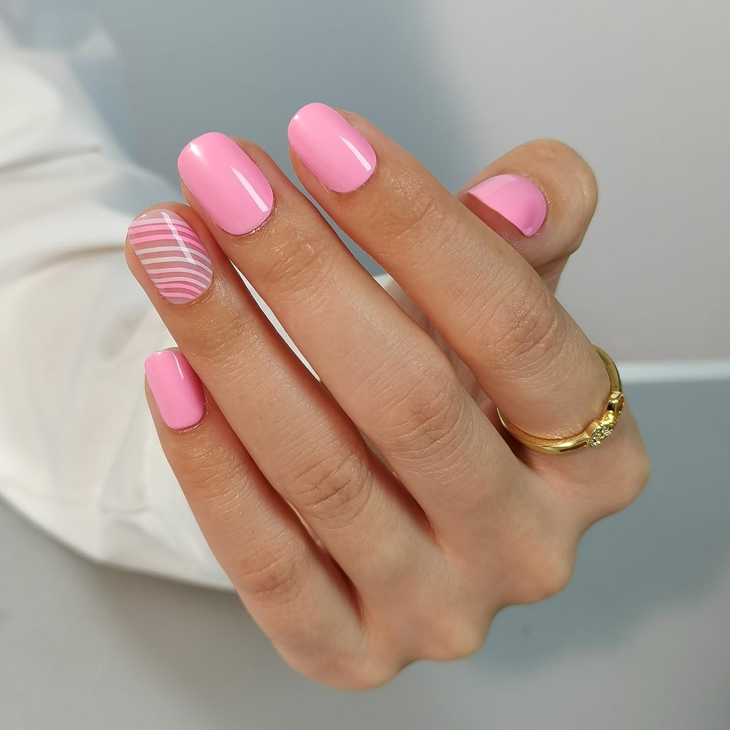 CurvLife Soft Gel Press On Nails Extra Short - 30pcs Full Cover False Pink Ripple Nail Tips Designs, Fake Nail with Nail Glue - Easy Application Nail Accessories for Women