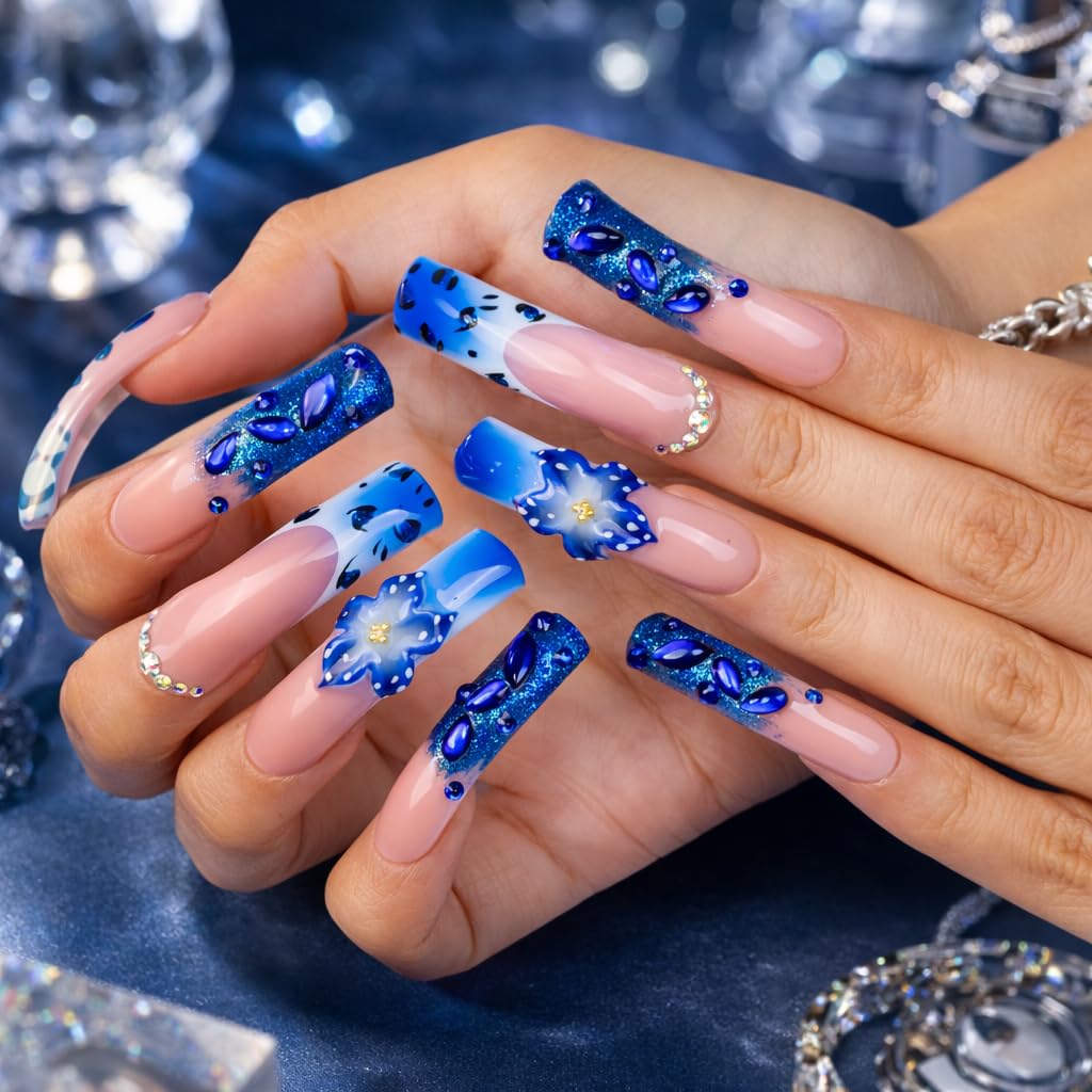 IntoVibes Handmade Curved Press On Nails, 10 Pcs Long Pink Blue Gradient Acrylic False Nails with 3D Flower and Rhinestones (L)