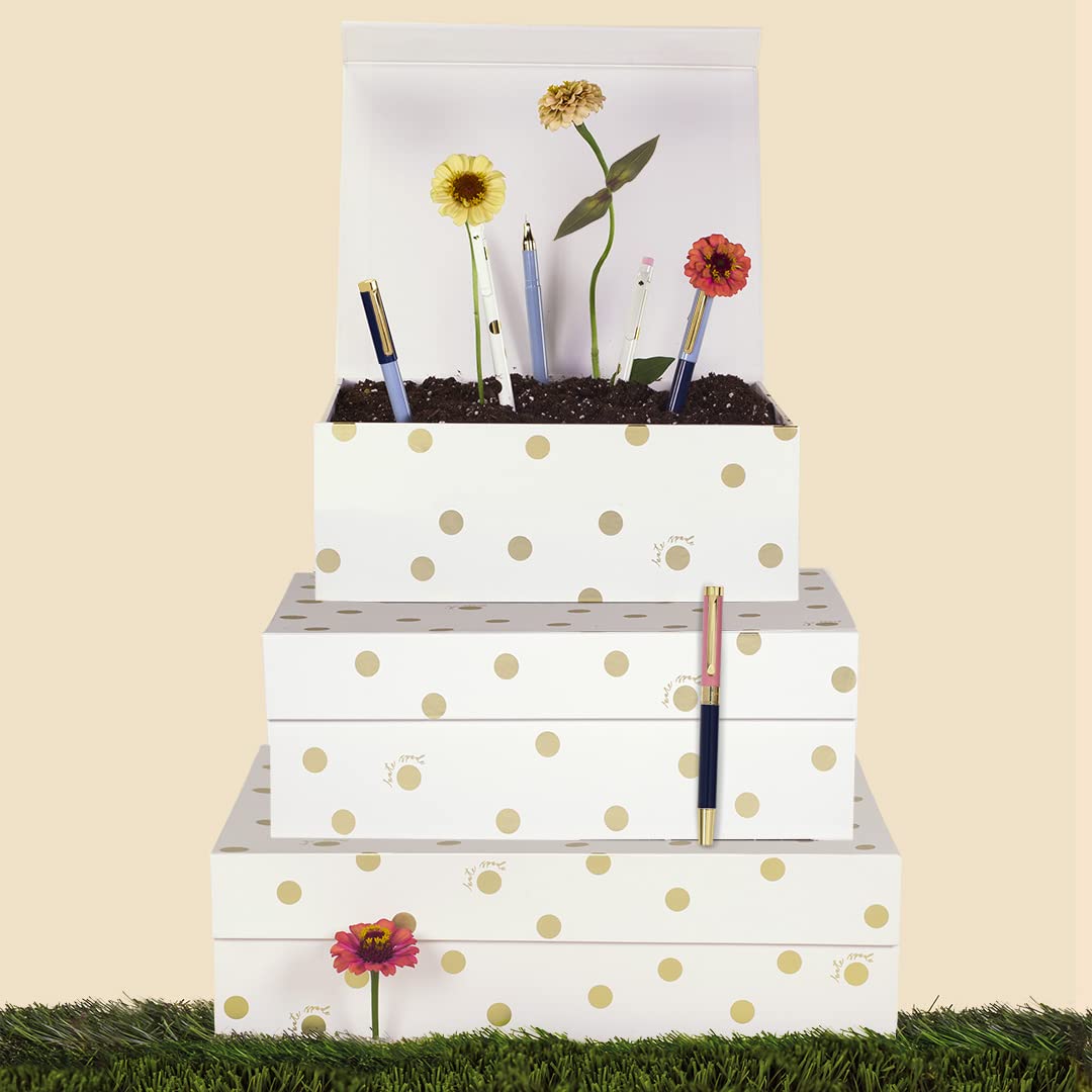 kate spade new york Decorative Storage Boxes with Lids, 3 Pack Sturdy Organizer Storage Bins, Includes Small Medium Large Pink Nesting Boxes with Magnetic Closure, Gold Dot with Script