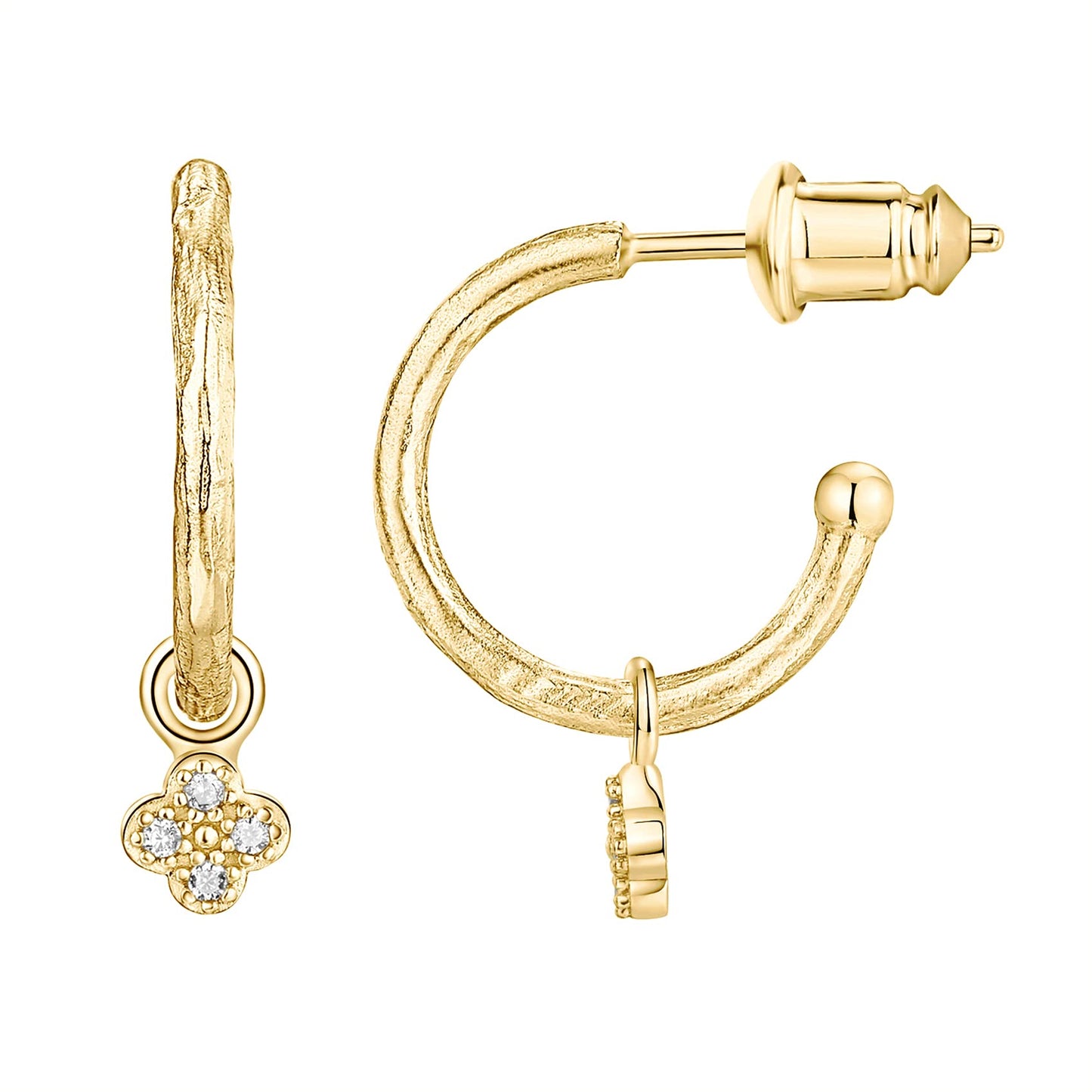 PAVOI 14K Yellow Gold Plated 925 Sterling Silver Post Dangle Huggie Hoop Earrings For Women - Trendy Clover Drop Open Hoop Earrings - Cubic Zirconia Small Hinged Hammered Huggies
