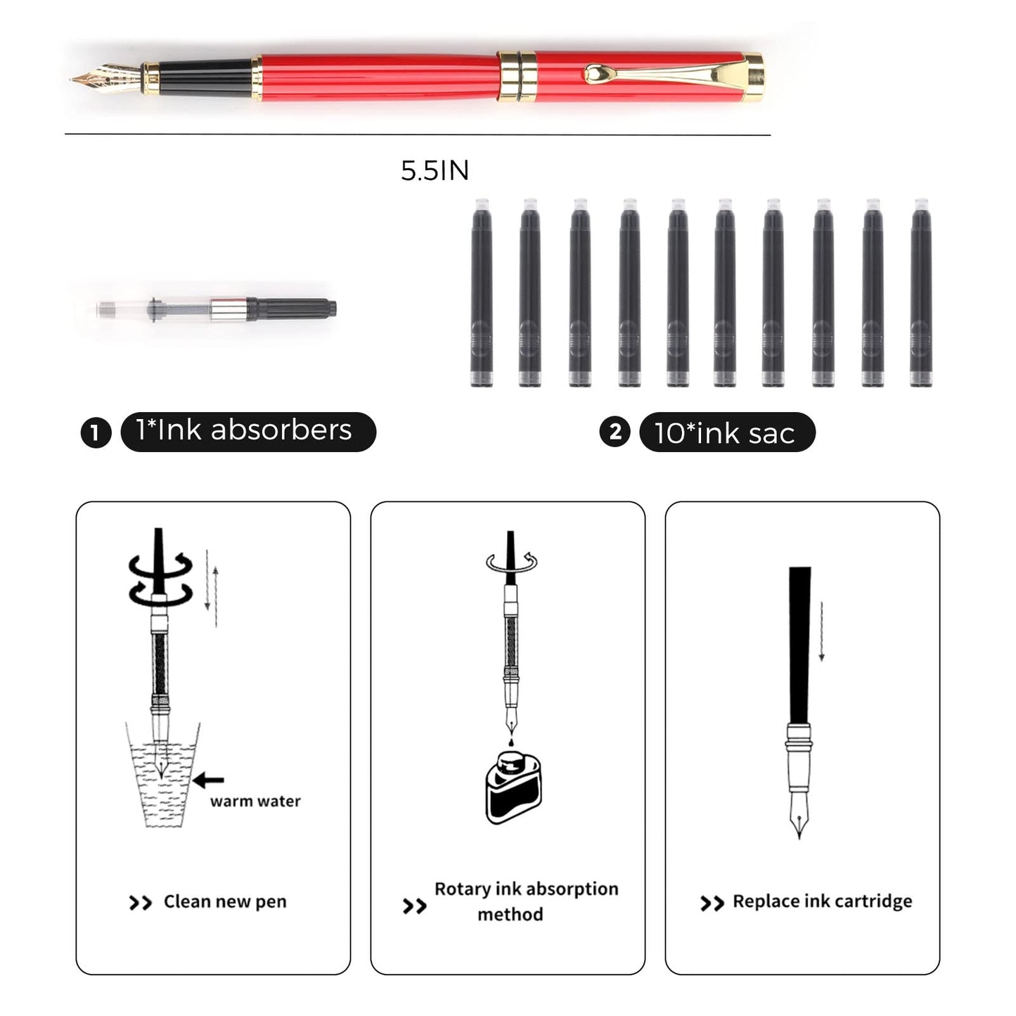 Tiankool Luxury Fountain Pen,Fine Nib, Exquisite Pen Gift Set for Men&Women-Includes 10 Ink Cartridges&Ink Converter- Nice Pens - Red
