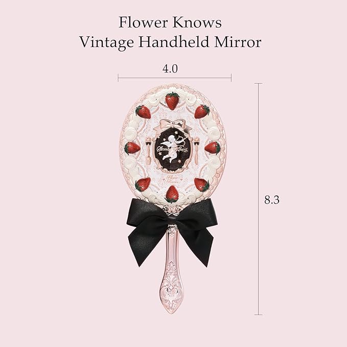 Flower Knows Strawberry Cupid Hand Mirror,Vintage Handheld Mirror,Fancy & Pretty Princess Mirror with Long Handle,Gift for Girls & Women(Milky Shake)