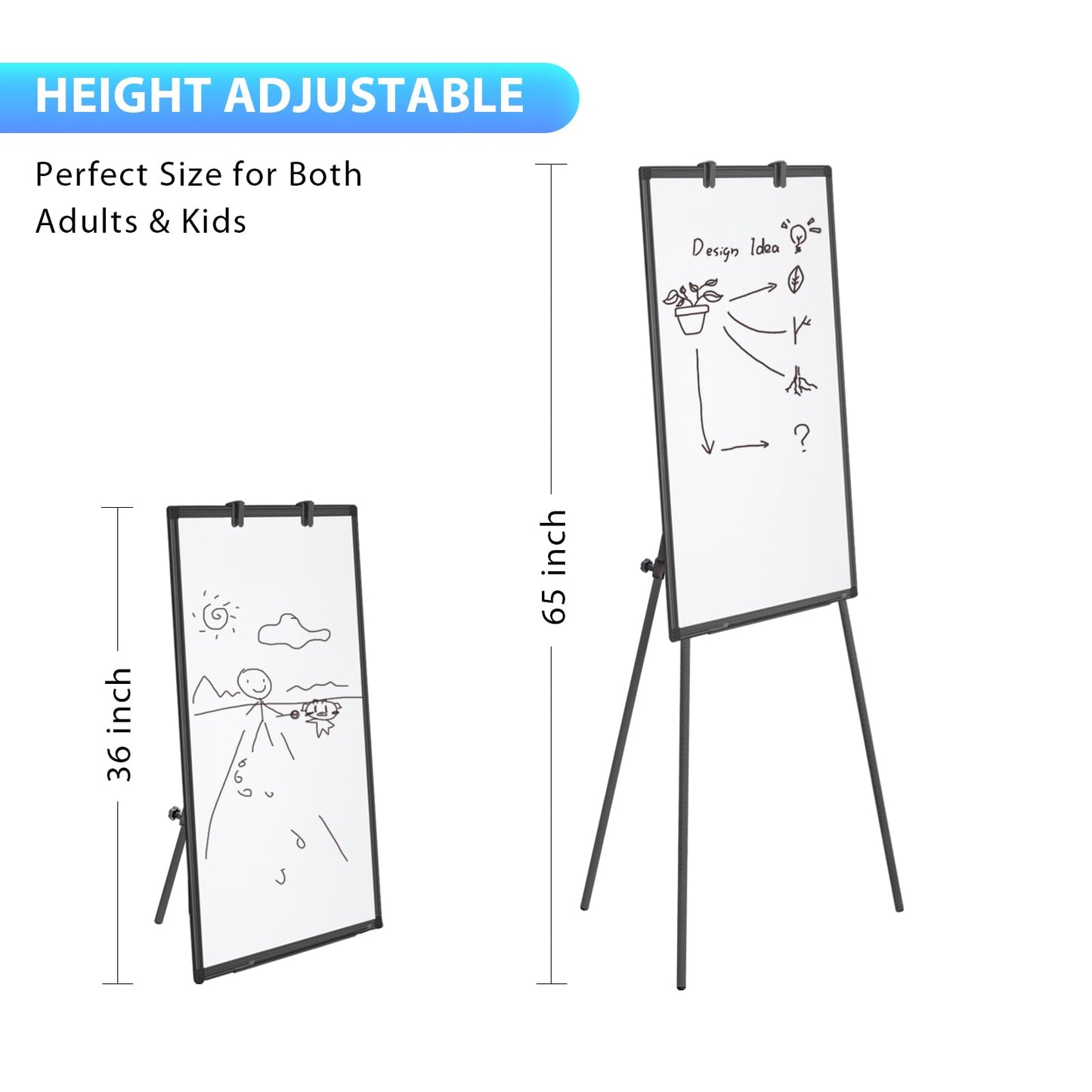 Easel Whiteboard - Magnetic Portable Dry Erase Easel Board 36 x 24 Tripod Whiteboard Height Adjustable Flipchart Easel Stand White Board for Office or Teaching at Home & Classroom (Black)