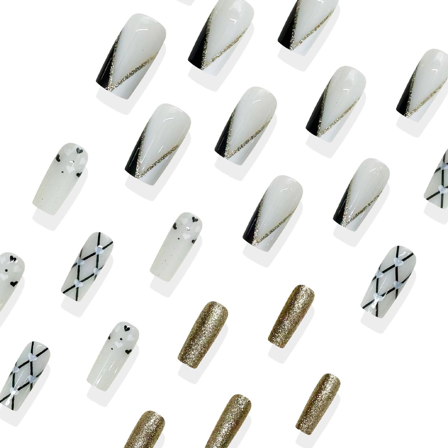 IMSOHOT Press on Nails Long Square Fake Nails with Heart, Golden Glitter Design Black White False Nails Stick on Nails for Women Acrylic Manicure Decoration