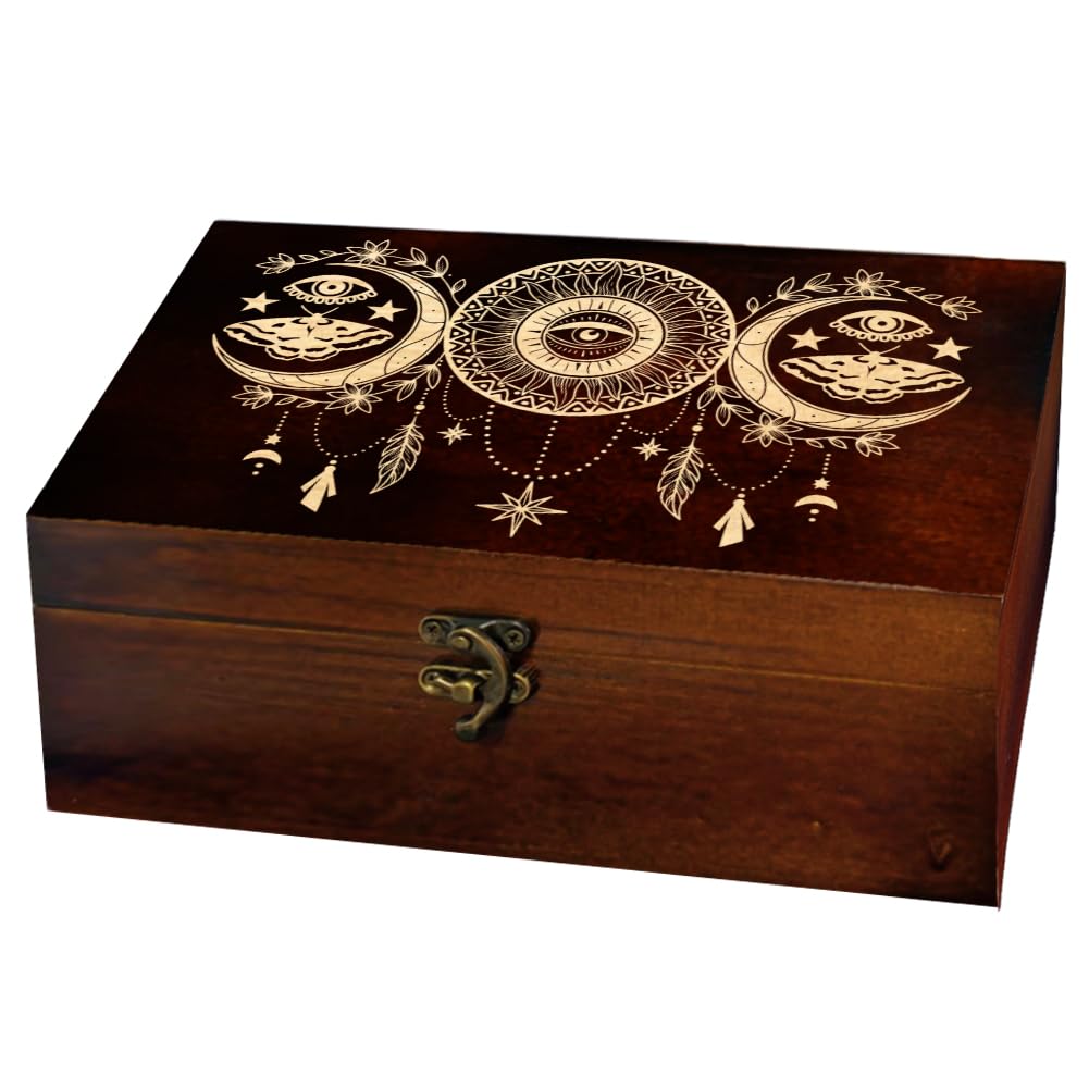 arricraft 1 Pc Wooden Memorial Storage Box, Sun and Moon Evil Eye Dreamcatcher Stars Flowers Pattern Rectangle Pine Photo Box for Anniversary Jewelry Board Storage (9.45x5.51x3.54 Inch)