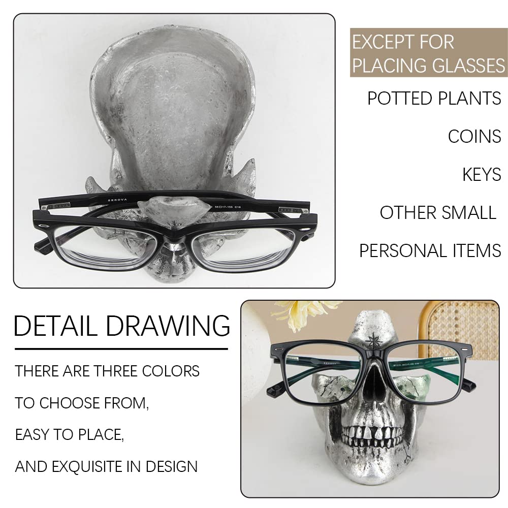 Mrlikale Skull Glasses Stand, Creative Eyeglasses Display Rack, Sunglasses Spectacle Holder, Key Holder Resin Sculptures for Entryway, Home, Office, Desk, Nightstand (Silver)