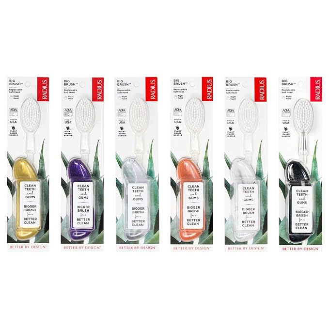 RADIUS Big Brush with Replaceable Head BPA Free & ADA Accepted Toothbrush Designed to Improve Gum Health & Reduce Gum Issues - Right Hand - Assorted - Pack of 6