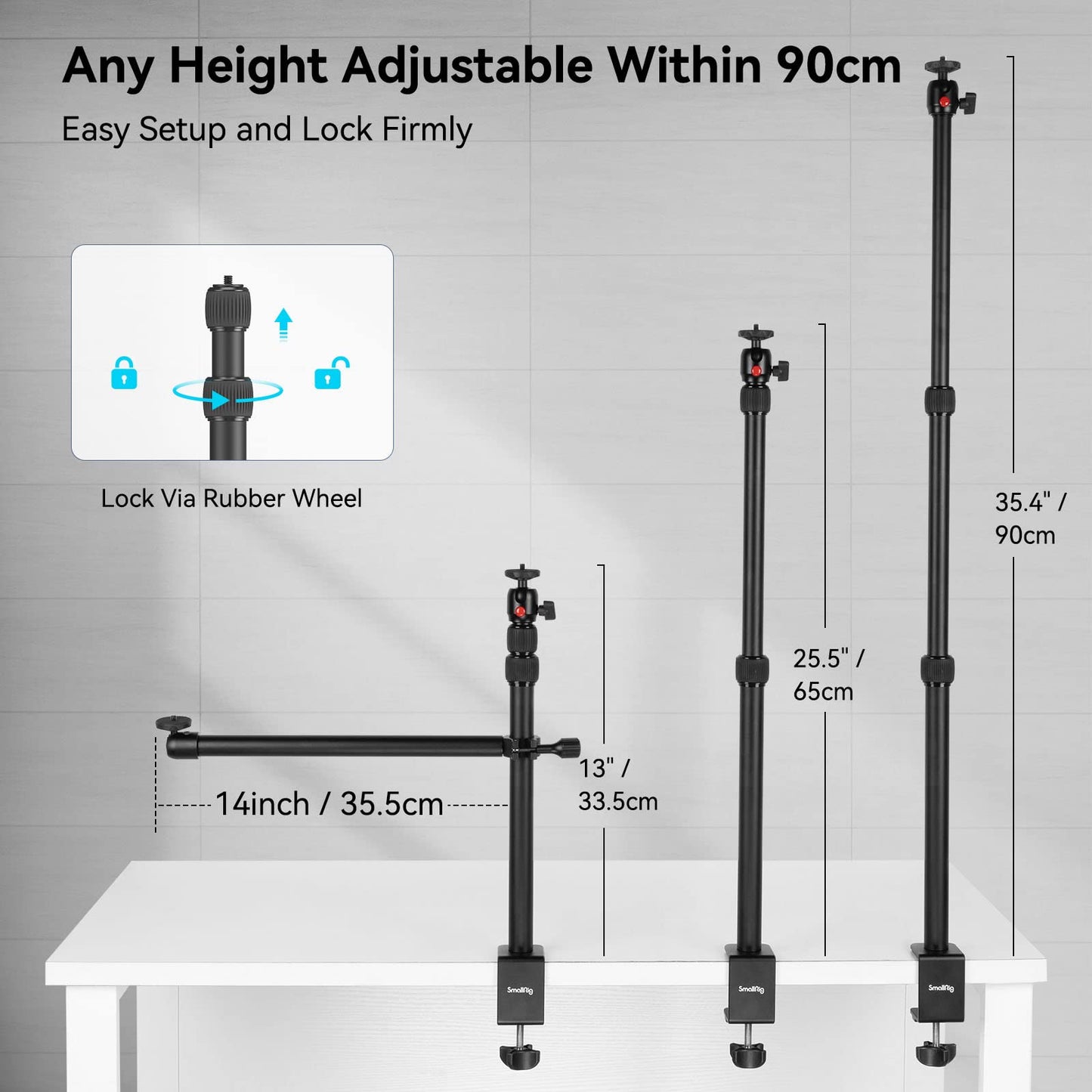 SMALLRIG Camera Desk Mount Table Stand with Magic Arm and 1/4" Ball Head, 13"-35.4" Adjustable Light Stand, Tabletop C Clamp for DSLR Camera, Ring Light, Live Streaming, Photo Video Shooting - 3992