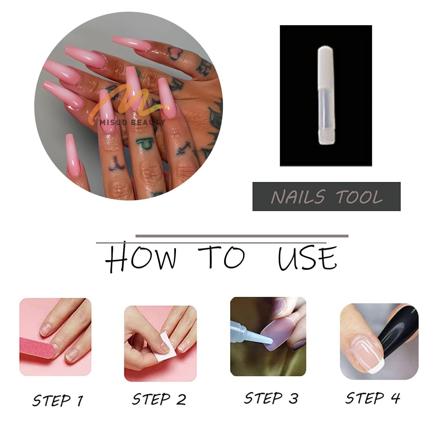 MISUD Press on Nails - Long Square Fake Nails with Pink White, Acrylic Aura Ombre Design 24 pcs