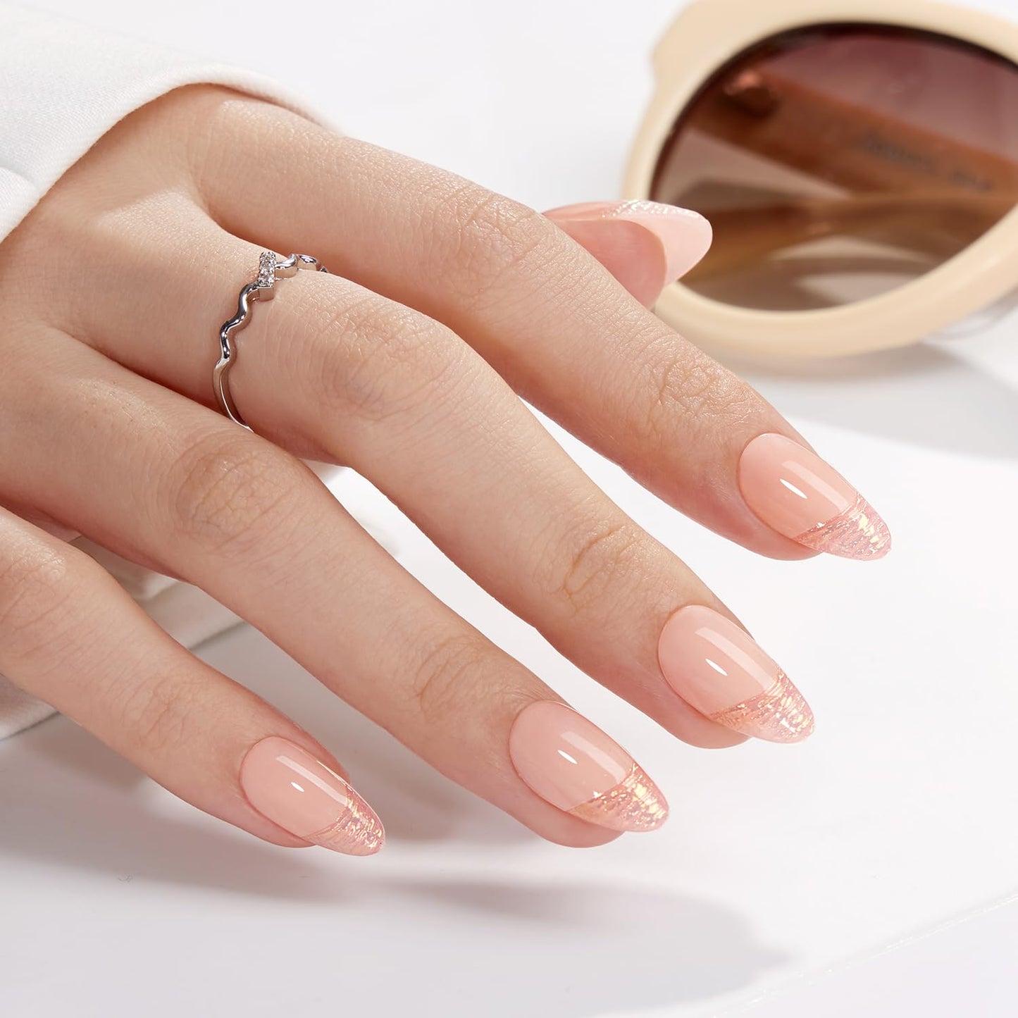 VSALON Almond Short Press On Nails, Light Pink Aurora Finish 3D Sculpted French Tip Nail Kit & Blue Cat Eye Mini Pack