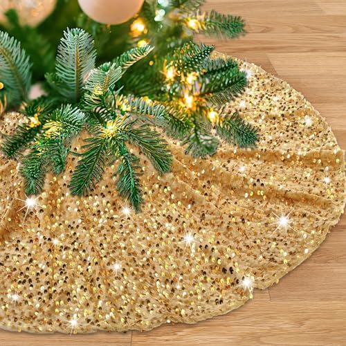 36 Inches Gold Tree Skirt Small Christmas Tree Skirts Glitter Sequins Velvet Tree Skirt for 4ft Xmas Trees Decorations