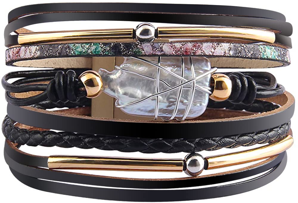 Fesciory Leopard Bracelet for Women, Boho Leather Wrap Multi-Layer Pearl Crystal Bracelet Bangle Jewelry(Black Leather(Pearl))
