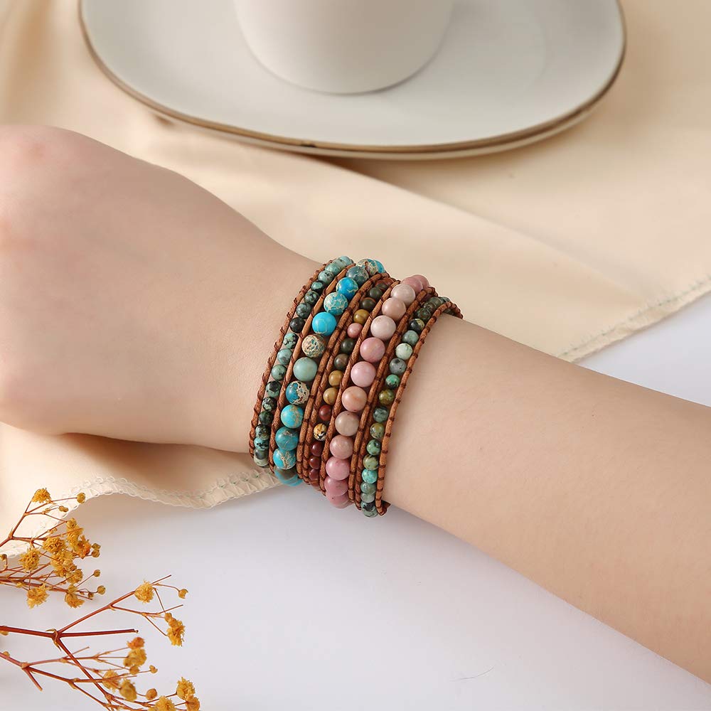 Plumiss Women Boho 5 Wraps Bracelet Natural Rhodonite Picasso Jasper Turquoise Stone Strand Bracelet Jewlery