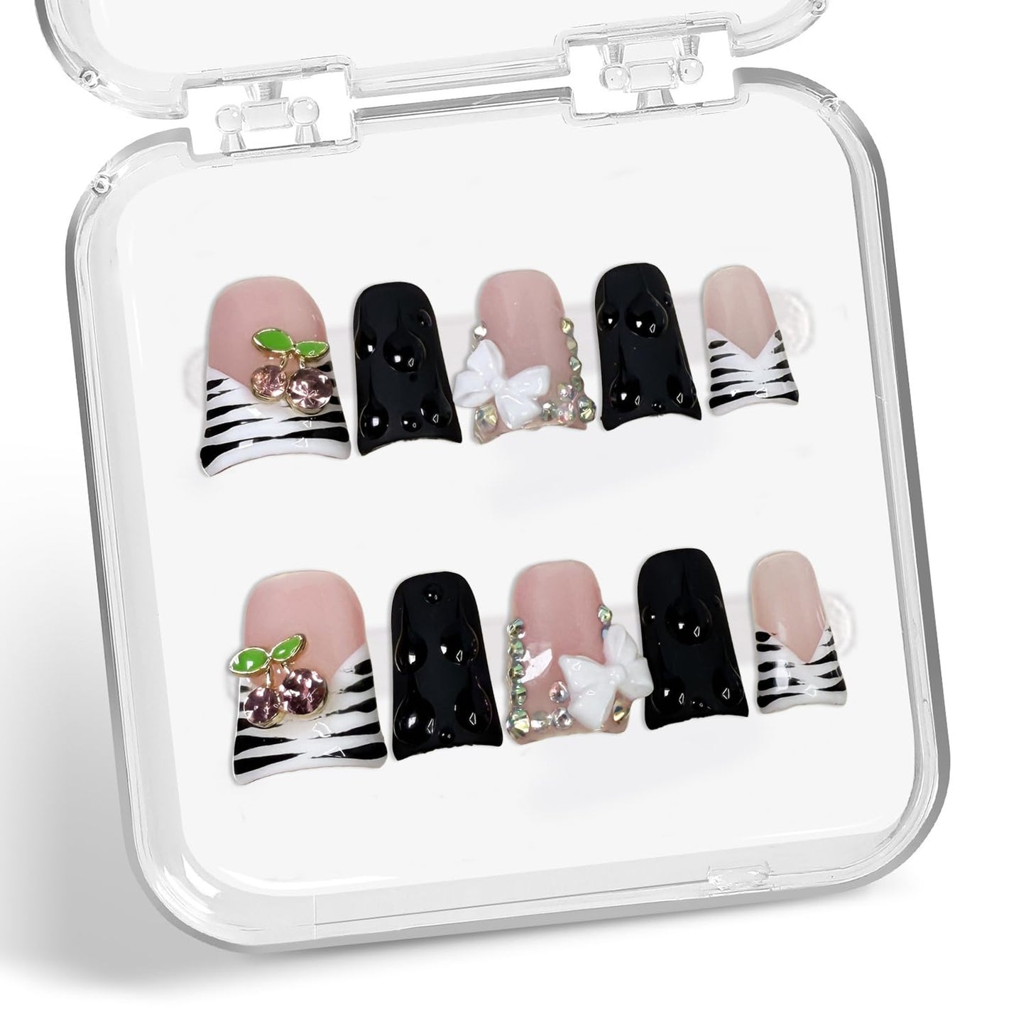 Duck Press on Nails Short Handmade 3D Flower & Cherry Fake Nails Muti-Layer Gel Thick Acrylic Nail Stripe French Tip False Nails with Designs Rhinestones Glossy Black Stick on Nail for Women（M）