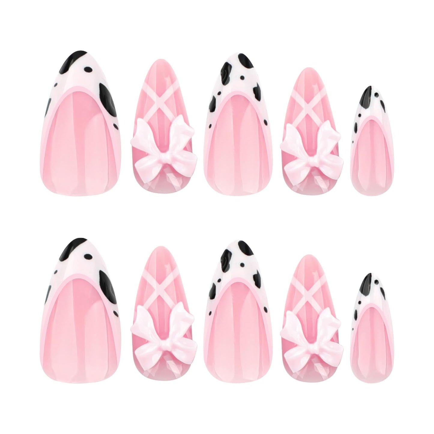 24 Pcs Pink Almond Press on Nails Short Medium Fake Nails with Glue, Reusable Press on Nails Acrylic Artificial Nails, Cute French Tip False Nails with Bow Cow Pattern Design Almond Nails for Women